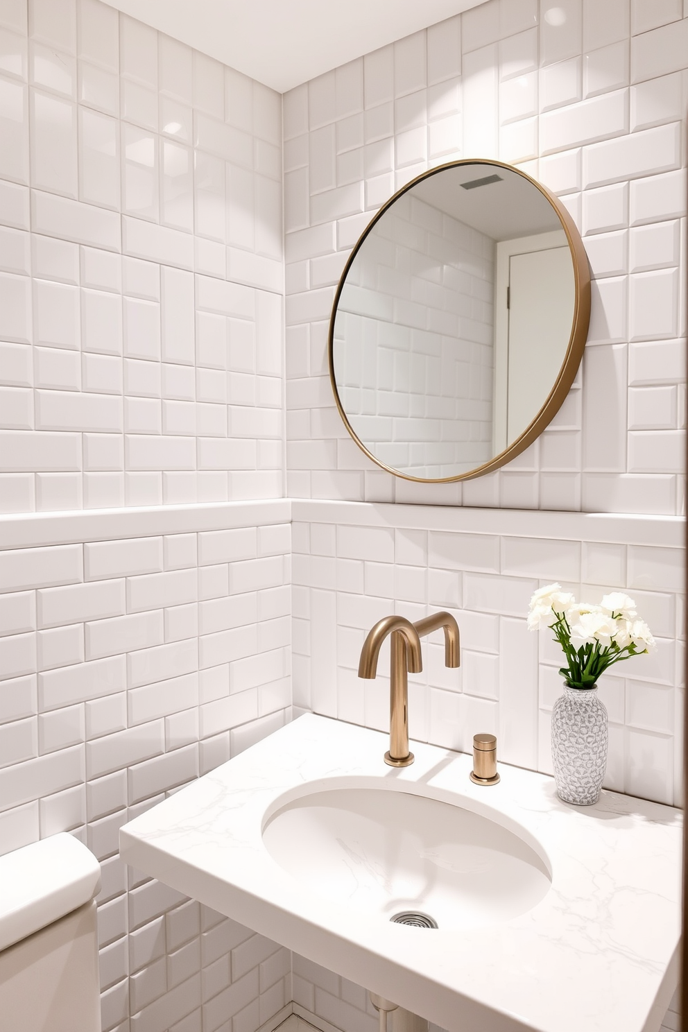 A stunning powder room featuring a unique faucet design that serves as the focal point. The walls are adorned with elegant white tiles, creating a fresh and airy atmosphere. The countertop is made of sleek white marble, complementing the faucet's modern aesthetic. A stylish round mirror hangs above, reflecting the light and enhancing the room's spacious feel.