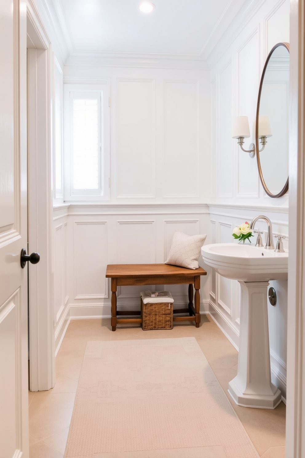 A chic white powder room featuring a small wooden bench for added functionality. The walls are adorned with elegant white paneling, and the floor is covered with a soft, pale gray rug.