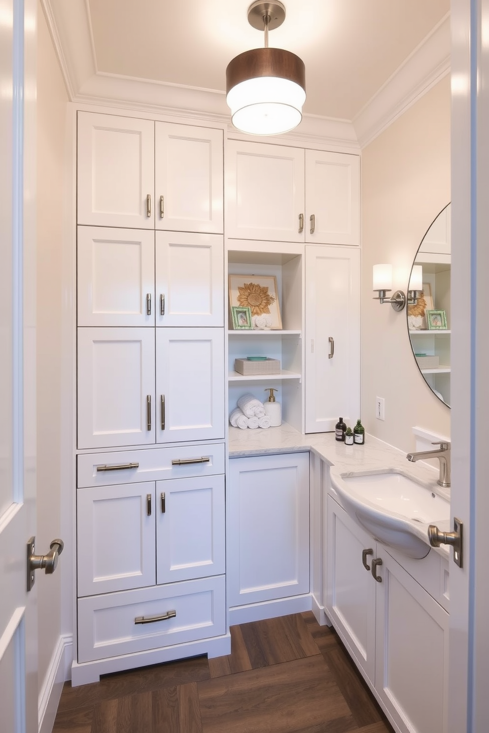 A sleek white powder room features cabinetry with hidden storage seamlessly integrated into the walls. The minimalist design is enhanced by a large round mirror and elegant brass fixtures that add a touch of sophistication.