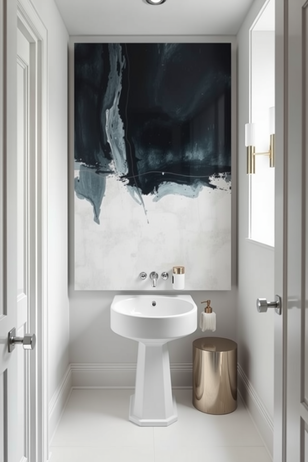 Oversized artwork serves as a stunning focal point in a chic white powder room. The walls are adorned with a large abstract painting that adds depth and character to the space. The powder room features sleek white fixtures and a minimalist design. A stylish pedestal sink complements the contemporary aesthetic, while elegant lighting enhances the overall ambiance.