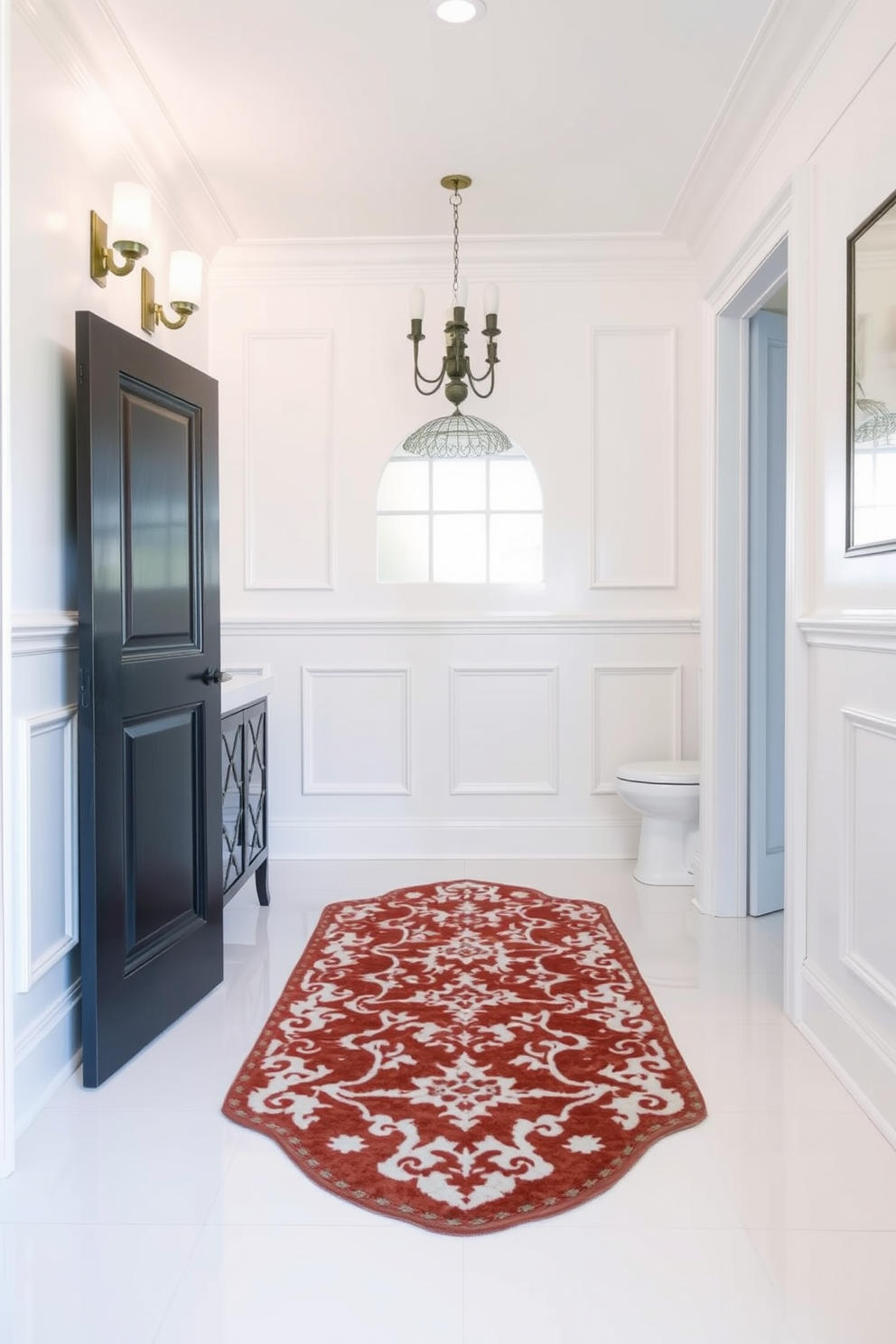 A stylish rug is placed in the center of a chic white powder room adding warmth and texture to the space. The walls are adorned with elegant wainscoting and the floor is covered with glossy white tiles reflecting the light beautifully.