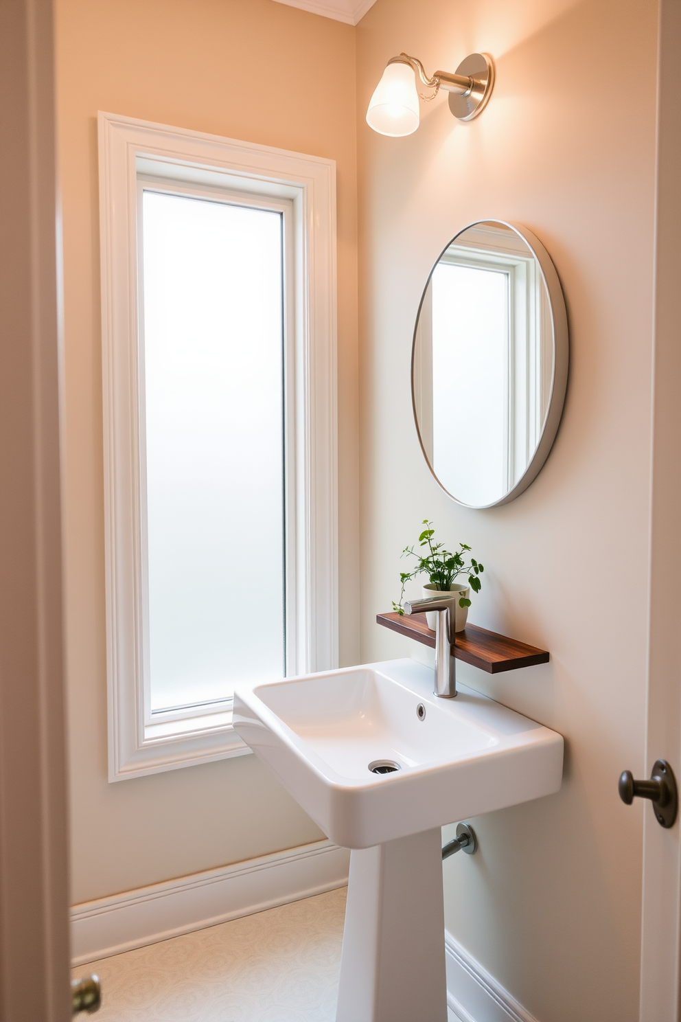 A serene powder room featuring a neutral color palette that promotes tranquility. The walls are painted in soft beige, complemented by a sleek white pedestal sink and a minimalist round mirror above it. Natural light filters in through a frosted window, enhancing the calm atmosphere. A small potted plant sits on a wooden shelf, adding a touch of greenery to the elegant space.