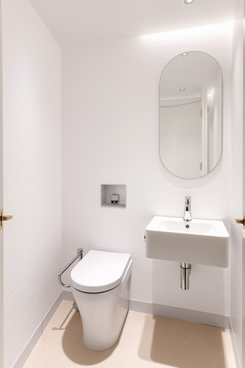 A sleek and elegant powder room featuring a soft close toilet that seamlessly integrates into the design. The walls are adorned with a subtle textured wallpaper in a soft white hue, complemented by a minimalist floating vanity with a polished chrome faucet.