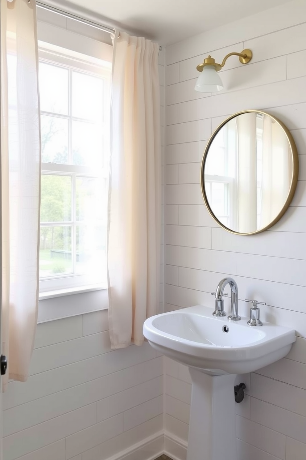 A luxurious white marble backsplash creates an elegant focal point in a sophisticated powder room. The walls are adorned with soft lighting that enhances the marble's natural veining, providing a sense of opulence. The powder room features a sleek white pedestal sink paired with a polished chrome faucet. A stylish round mirror above the sink reflects the beauty of the marble, while a small potted plant adds a touch of greenery.