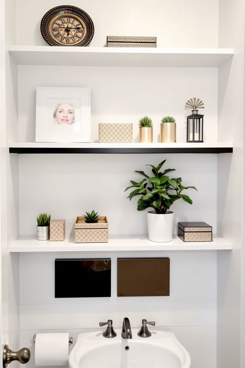 A stylish white powder room featuring floating shelves for decorative storage. The shelves are adorned with an array of elegant decor items, including small potted plants and decorative boxes.