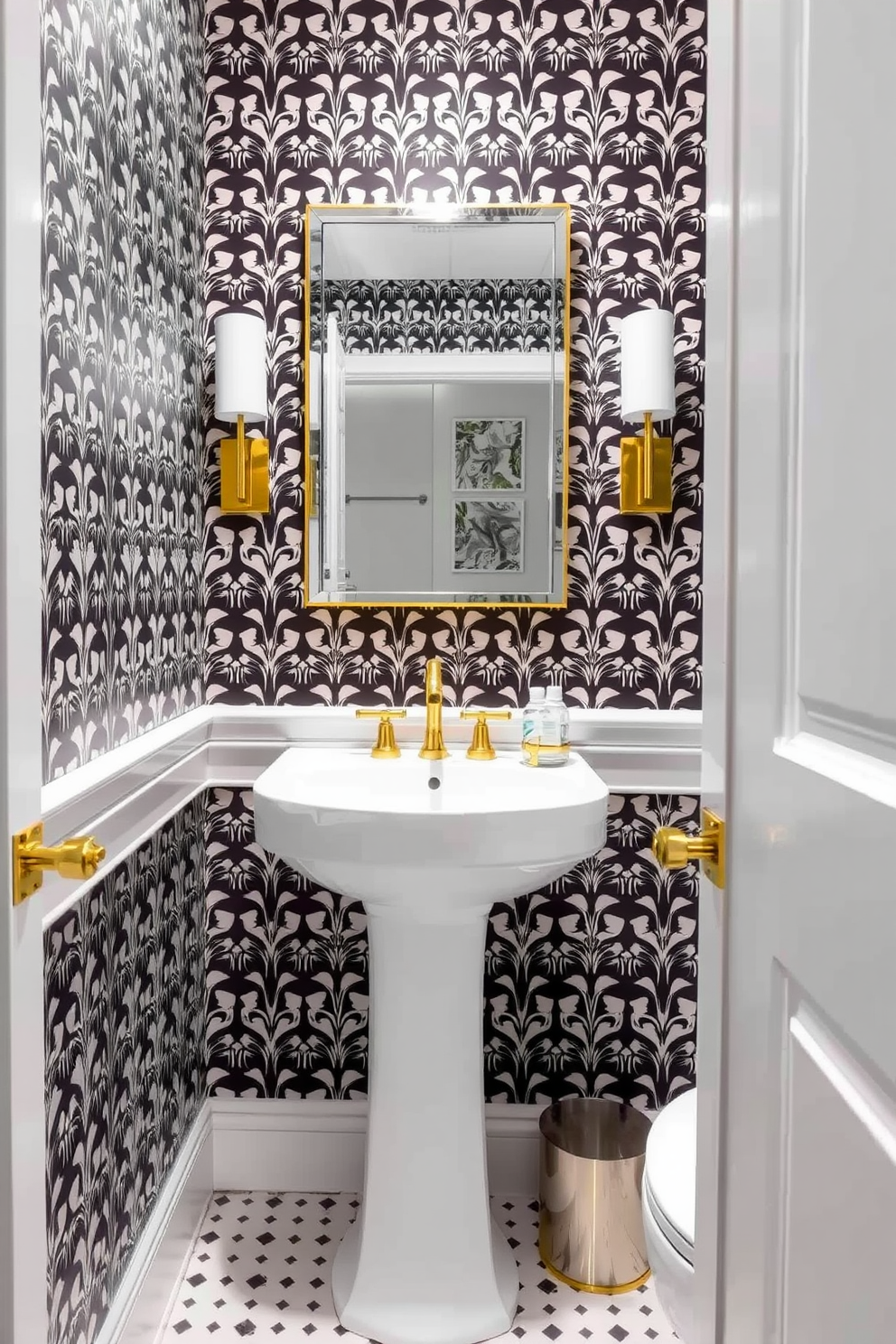 A chic powder room featuring bold, patterned wallpaper that creates a striking contrast against the white fixtures. The space includes a sleek white pedestal sink and a wall-mounted mirror with a modern frame, complemented by elegant gold accents.