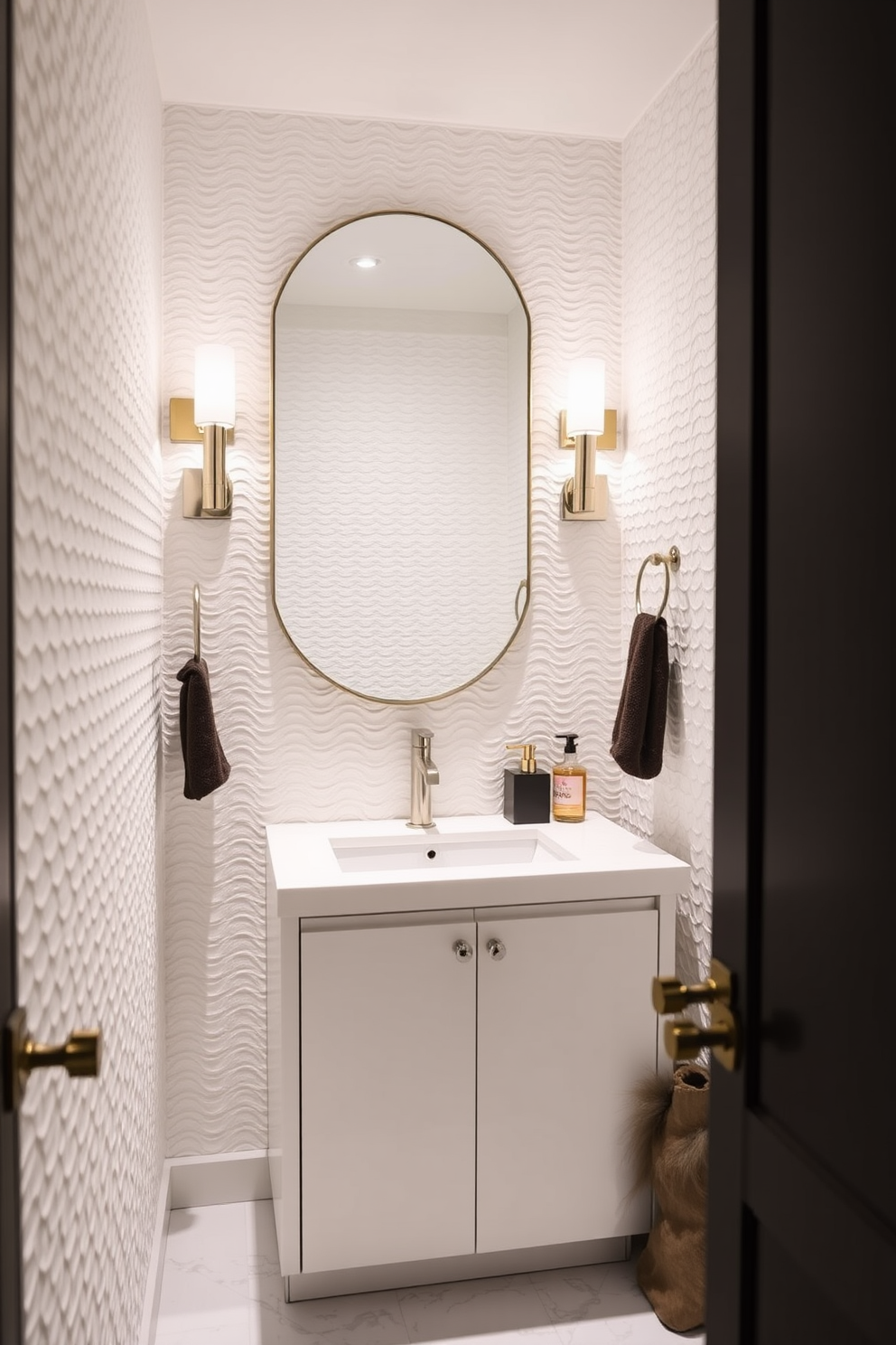 Textured white walls create a sense of depth and sophistication in the powder room. The space features elegant fixtures and minimalist decor, enhancing the overall aesthetic while maintaining functionality. The design incorporates a sleek vanity with a polished countertop, complemented by stylish lighting fixtures. Thoughtfully placed accessories add a touch of personality, making the powder room both inviting and chic.