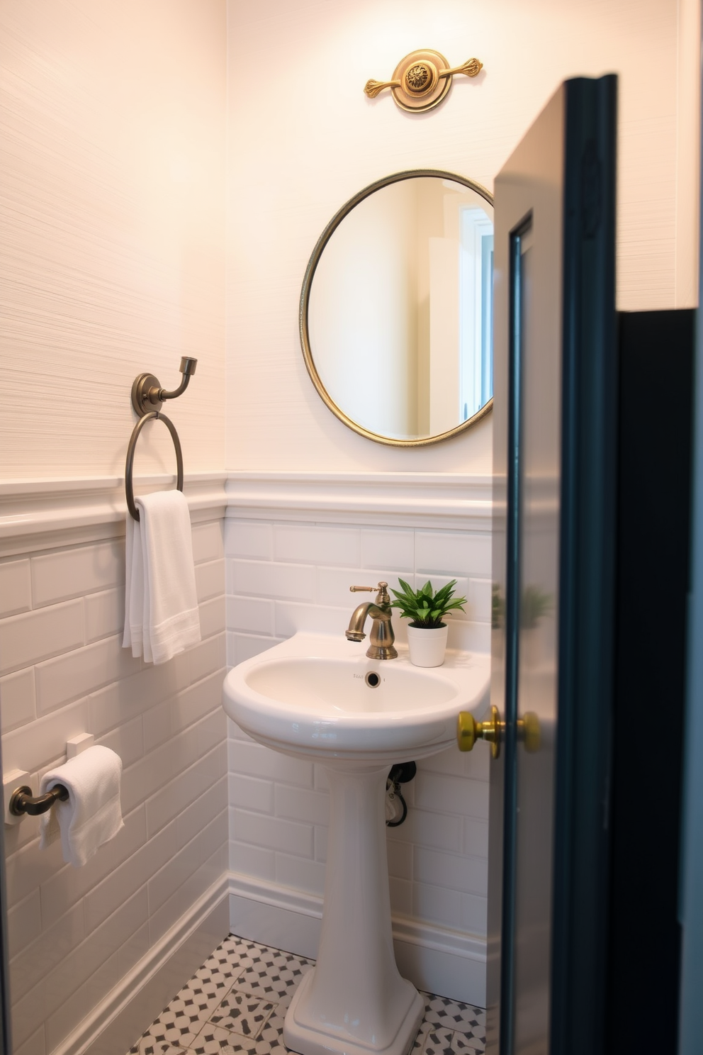 A chic white powder room featuring vintage-inspired fixtures that blend seamlessly with modern design elements. The space showcases an elegant pedestal sink paired with a stylish wall-mounted faucet, complemented by intricate tile work and soft ambient lighting. The walls are adorned with a subtle textured wallpaper, creating a warm and inviting atmosphere. A round mirror with an antique finish hangs above the sink, while a small potted plant adds a touch of greenery to the space.