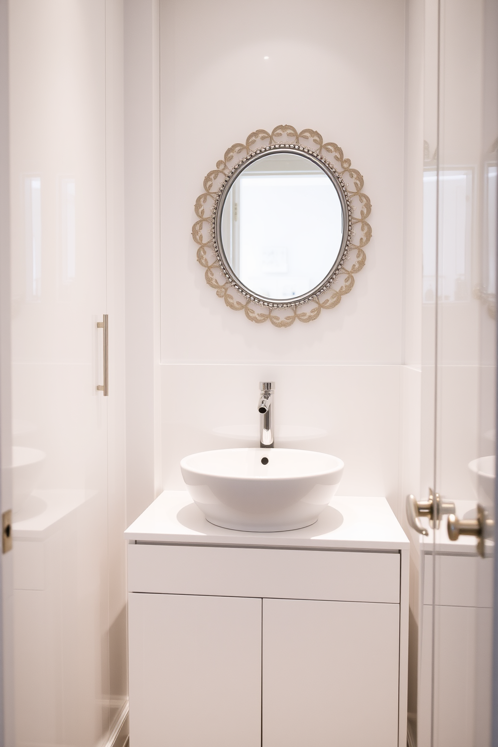 A compact sink is elegantly integrated into stylish cabinetry, creating a seamless look in the white powder room. The cabinetry features clean lines and a glossy finish, enhancing the room's modern aesthetic. Soft lighting illuminates the space, highlighting the sleek surfaces and adding warmth to the white decor. A decorative mirror above the sink adds depth and sophistication, completing the refined design.