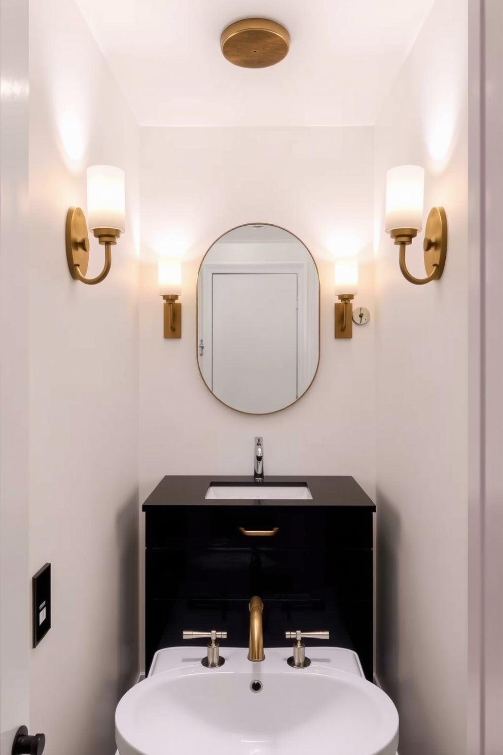 A chic powder room featuring stylish sconces that provide warm ambient lighting. The walls are adorned with a soft white hue, complemented by a sleek black vanity and a minimalist mirror that enhances the room's elegance.