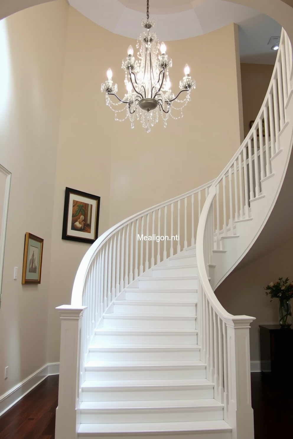 An elegant curved white staircase gracefully ascends to the upper level, featuring a sleek white railing that complements the smooth lines of the steps. The staircase is illuminated by a stunning chandelier overhead, casting a warm glow that enhances the sophisticated ambiance of the space. The walls surrounding the staircase are adorned with tasteful artwork, adding a touch of personality to the design. Soft, neutral tones on the walls create a serene backdrop, allowing the staircase to be the focal point of the entryway.