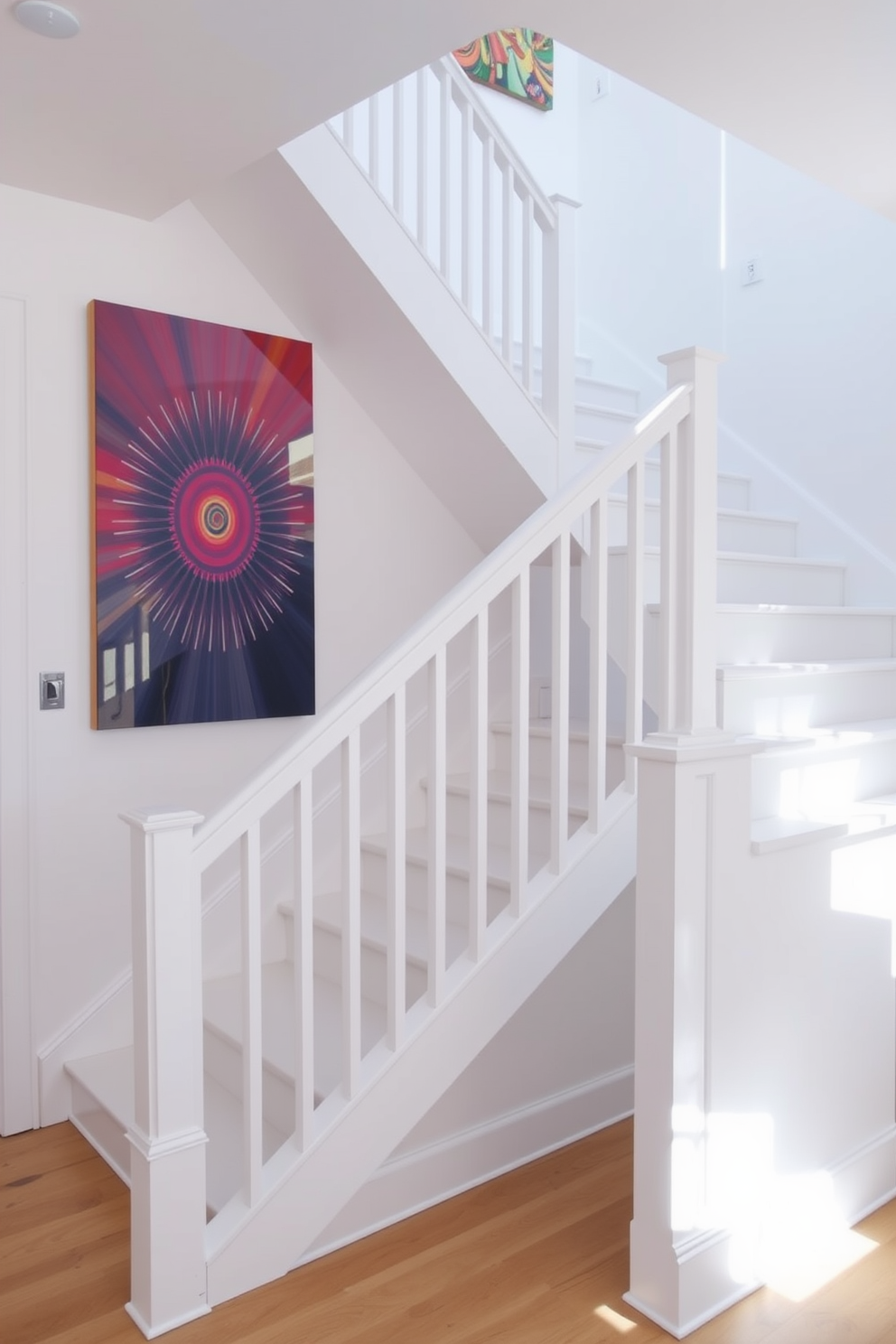 A sleek white staircase ascends gracefully, featuring a smooth finish that reflects natural light beautifully. The stainless steel railing adds a modern touch, creating a striking contrast against the pristine white steps.