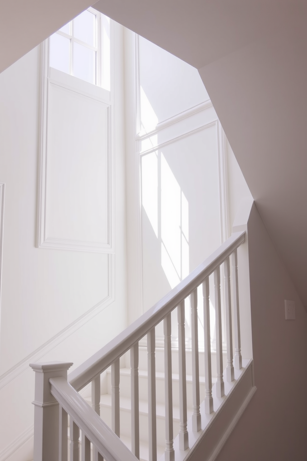 A bright and airy white staircase features elegant decorative wall molding that adds a touch of sophistication. The natural light streaming in from a nearby window highlights the intricate details of the molding, creating a stunning focal point in the space. The staircase is complemented by a sleek handrail that seamlessly blends with the overall design. Soft neutral tones on the walls enhance the staircase's beauty while providing a warm and inviting atmosphere.