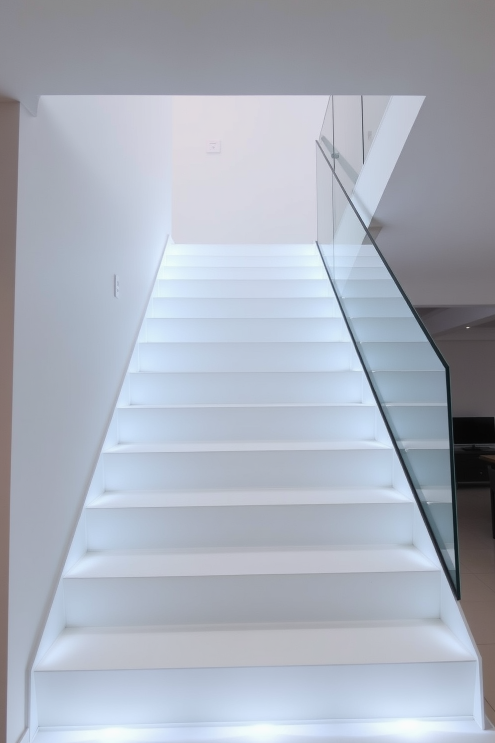 A sleek white staircase ascends gracefully, illuminated by soft LED lighting embedded along the steps. The minimalist design features a glass railing that enhances the airy feel of the space, creating a striking focal point in the home.