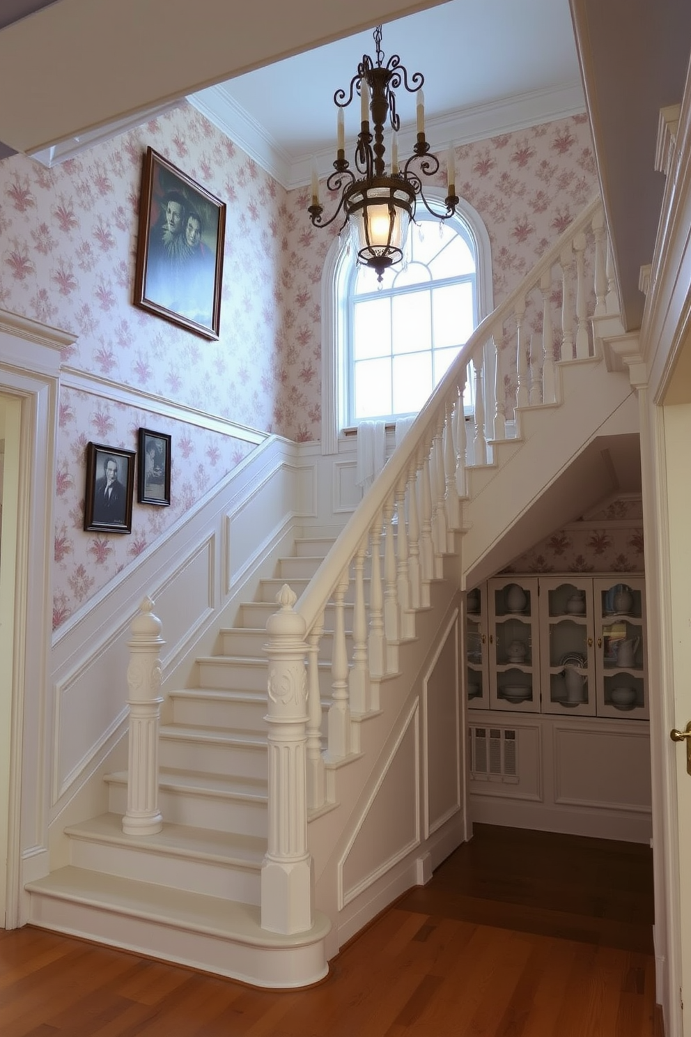 A stunning Victorian style white staircase with intricate details is the focal point of the entryway. The staircase features ornate balusters and a beautifully crafted handrail, showcasing the elegance of classic design. The walls surrounding the staircase are adorned with vintage wallpaper, enhancing the historical charm of the space. Soft lighting from an ornate chandelier above illuminates the staircase, creating a warm and inviting atmosphere.