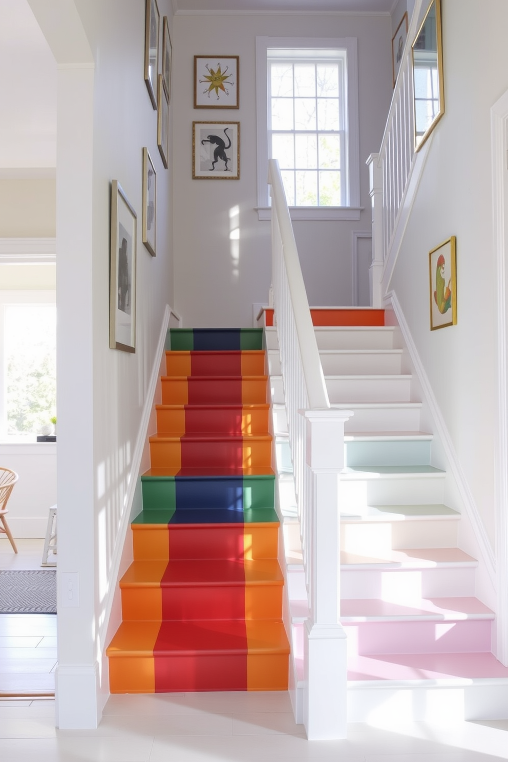 A stunning white staircase features colorful painted risers that create a vibrant and inviting atmosphere. The elegant handrail complements the fresh white finish, enhancing the overall aesthetic of the space. The staircase is illuminated by natural light streaming through a nearby window, casting playful shadows on the steps. Surrounding the staircase, the walls are adorned with modern artwork that adds to the cheerful ambiance.