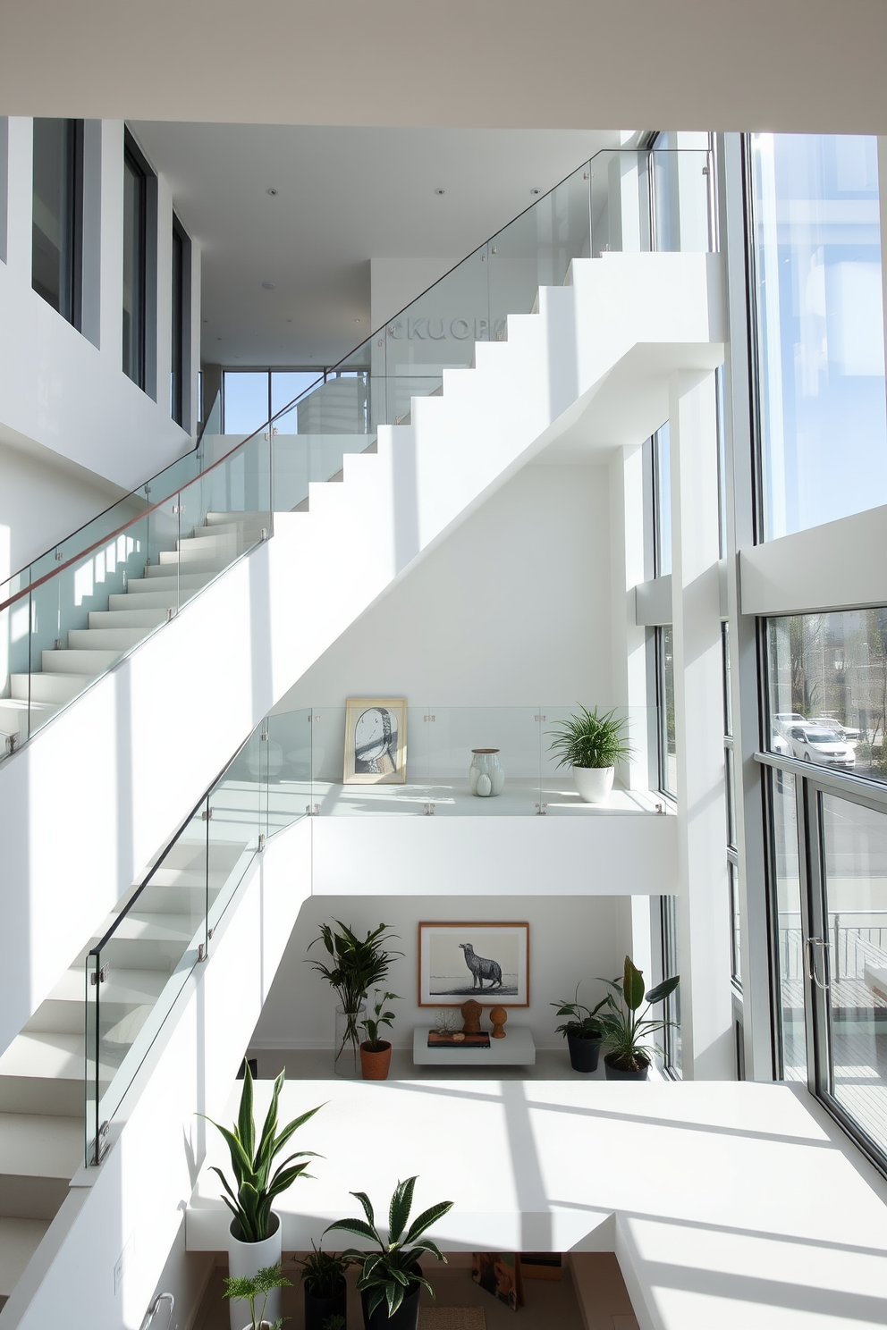 A modern white staircase featuring sleek lines and a minimalist design. The walls are adorned with bold artwork that adds a vibrant contrast to the staircase's clean aesthetic.