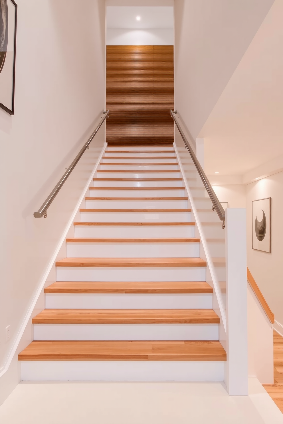 A stunning white staircase featuring natural wood treads creates a bright and airy focal point in the space. The handrail is crafted from polished metal, complementing the sleek lines of the staircase. The walls adjacent to the staircase are adorned with minimalist artwork, enhancing the overall elegance. Soft, recessed lighting illuminates the staircase, highlighting the beauty of the wood and white contrast.