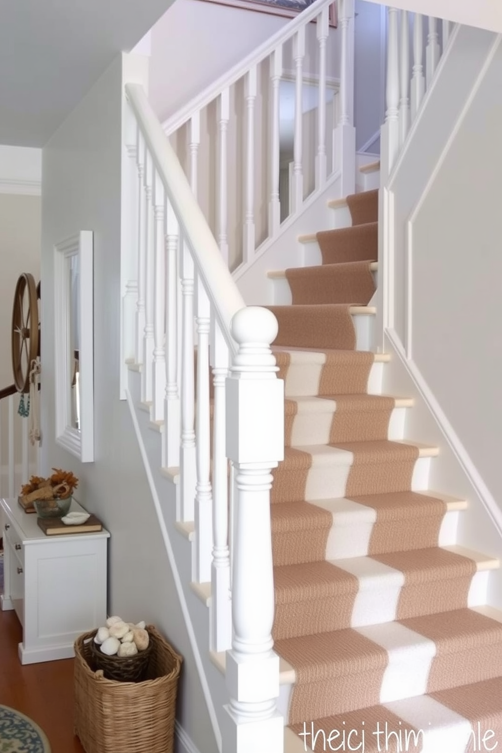 A coastal white staircase ascends gracefully, adorned with nautical decor that evokes a serene seaside ambiance. The railings are painted in crisp white, and decorative elements like seashells and driftwood accents enhance the coastal theme.