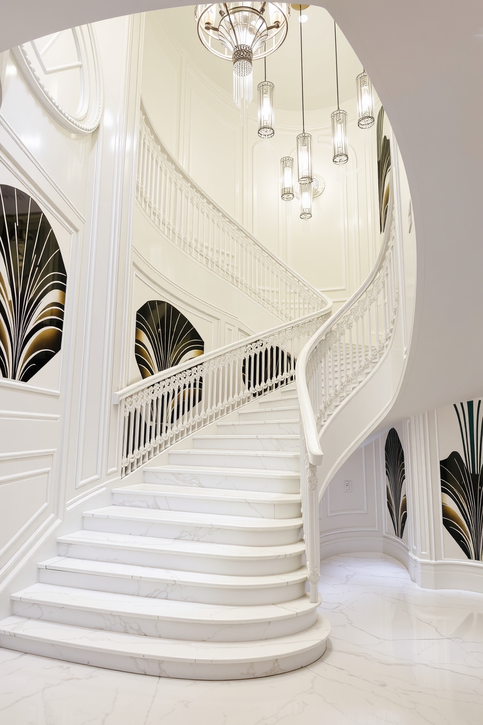 Art deco inspired white staircase design featuring sleek geometric lines and intricate detailing. The staircase is adorned with a polished white railing and illuminated by elegant pendant lights above. The steps are made of glossy white marble, creating a luxurious feel. Surrounding the staircase, there are bold art deco patterns on the walls in contrasting colors to enhance the overall aesthetic.