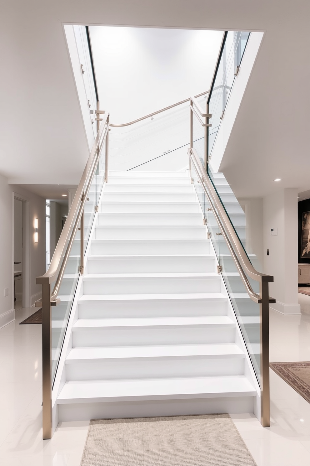 A stunning white staircase with a sleek modern design featuring unique railings that blend functionality with artistic flair. The staircase is illuminated by soft recessed lighting, highlighting the clean lines and elegant curves of the structure. The railings are crafted from brushed metal and glass, offering a contemporary contrast to the bright white steps. A minimalist runner with a subtle pattern adds warmth and texture, creating an inviting atmosphere in the space.