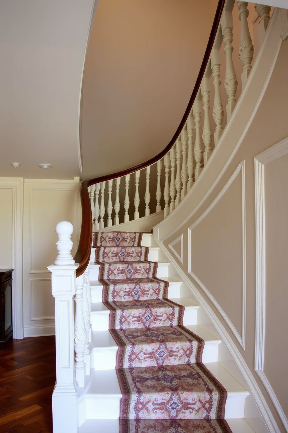 A vintage white staircase with intricate antique finishes elegantly curves upward. The balustrade features ornate wooden spindles, and the steps are adorned with a subtle decorative runner that enhances the classic charm.