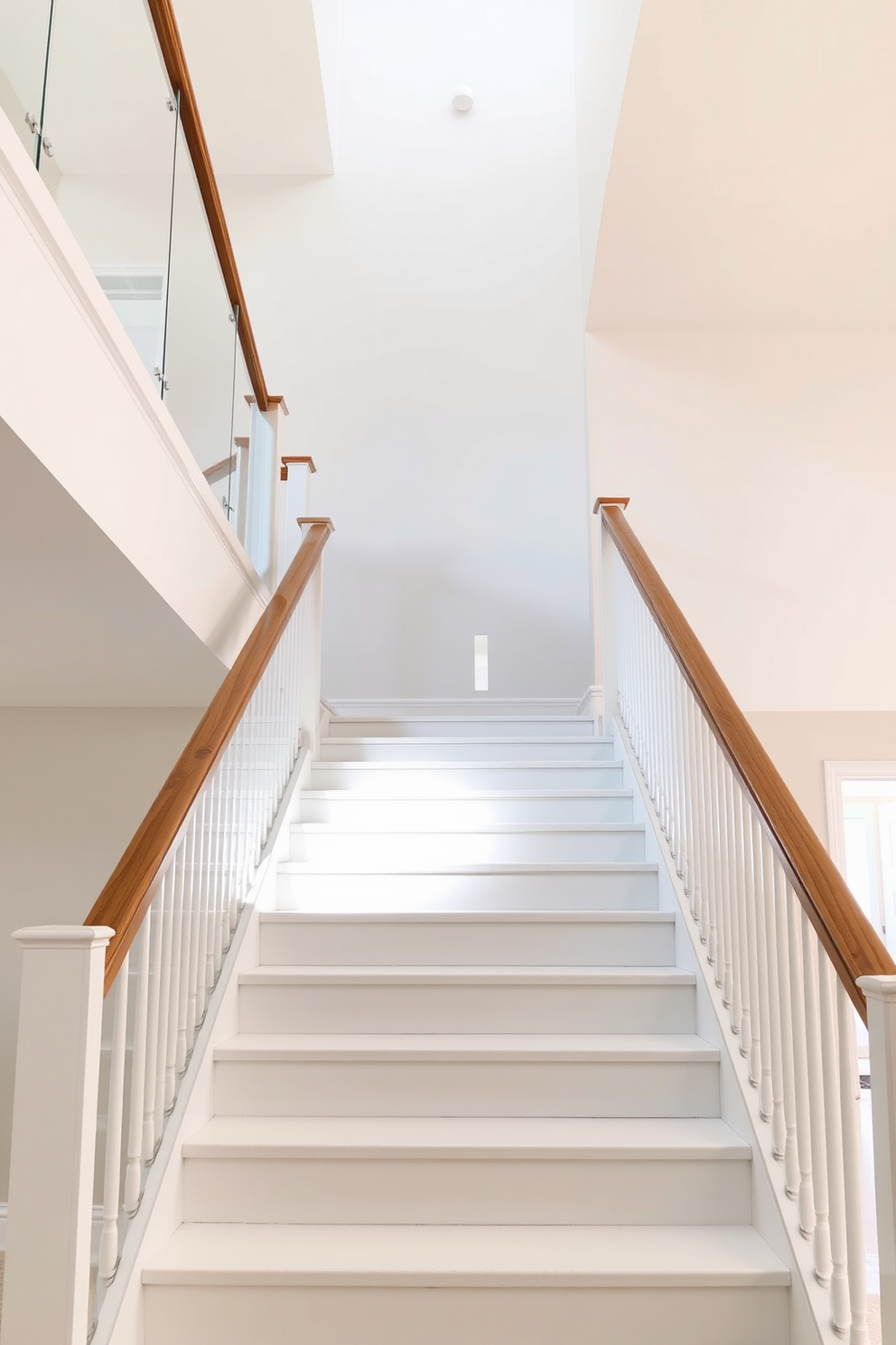 A stunning white staircase featuring a soft color gradient that transitions from a light cream at the bottom to a soft pastel at the top. The staircase is adorned with elegant wooden handrails and a sleek glass balustrade that enhances the airy feel of the space.