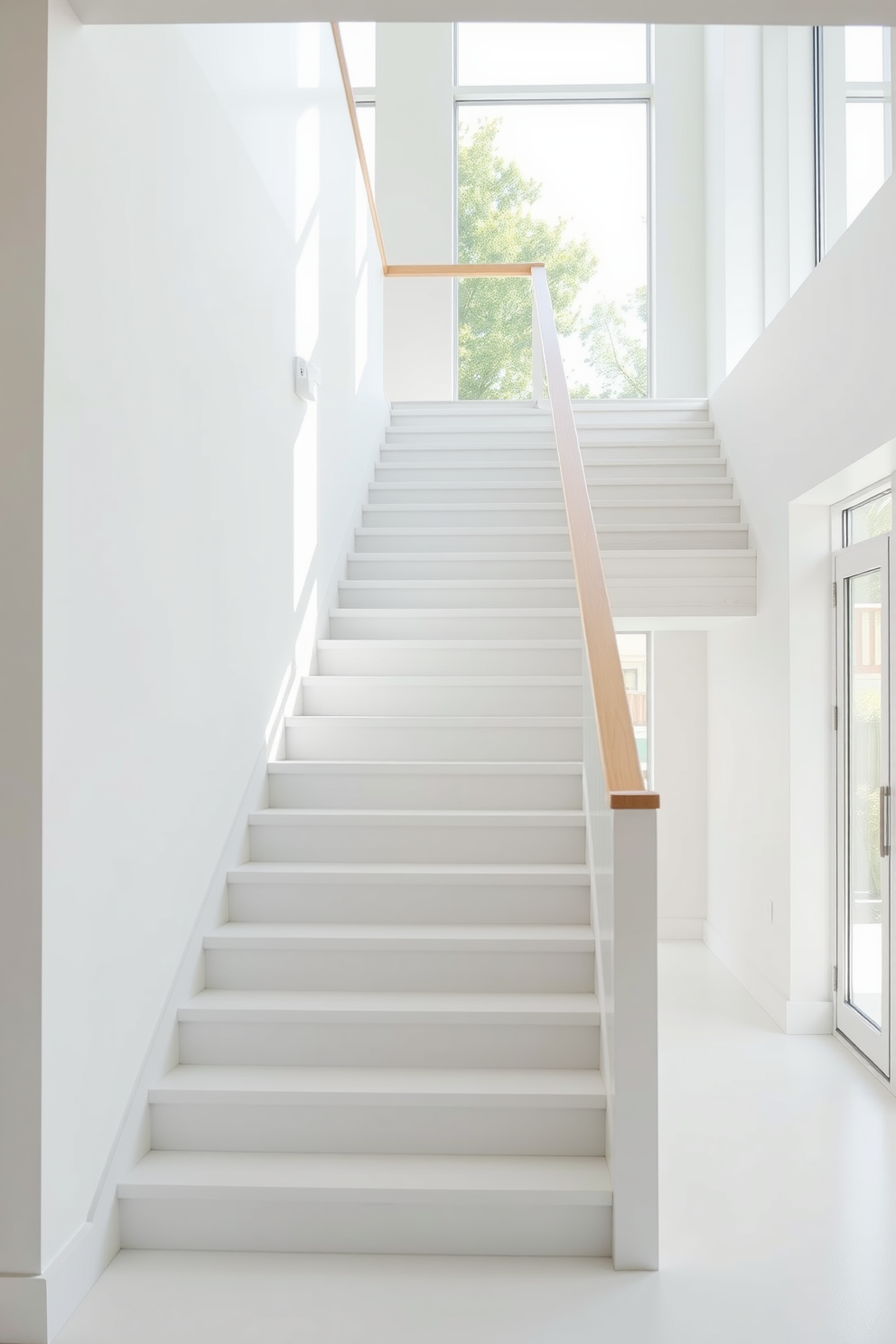 A bright white staircase elegantly ascends, bathed in natural light streaming through large windows. Potted plants in varying heights are strategically placed along the staircase, adding a touch of greenery and vibrancy to the space.