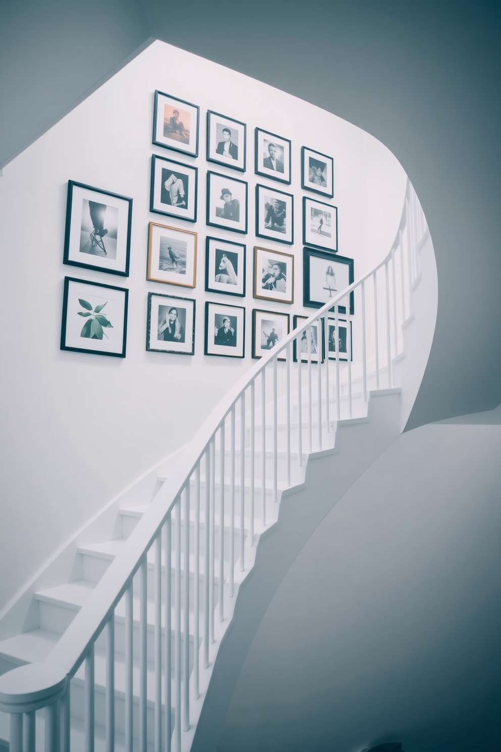 A stunning white staircase elegantly ascends, featuring a sleek railing that complements the minimalist aesthetic. The walls are adorned with a curated gallery display of framed artwork, adding a touch of personality and sophistication to the space.