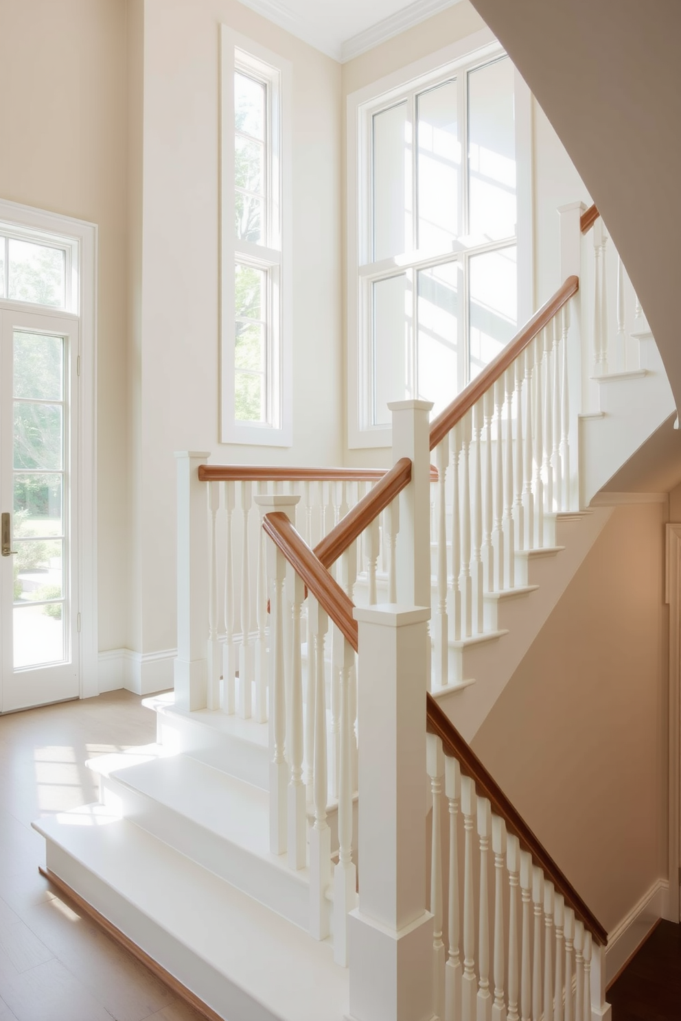 A transitional white staircase gracefully combines traditional and modern elements. The staircase features a sleek white finish with elegant wooden handrails, creating a harmonious flow in the space. Natural light floods the area through large windows, highlighting the intricate details of the balusters. Soft neutral tones on the surrounding walls enhance the staircase's inviting atmosphere.