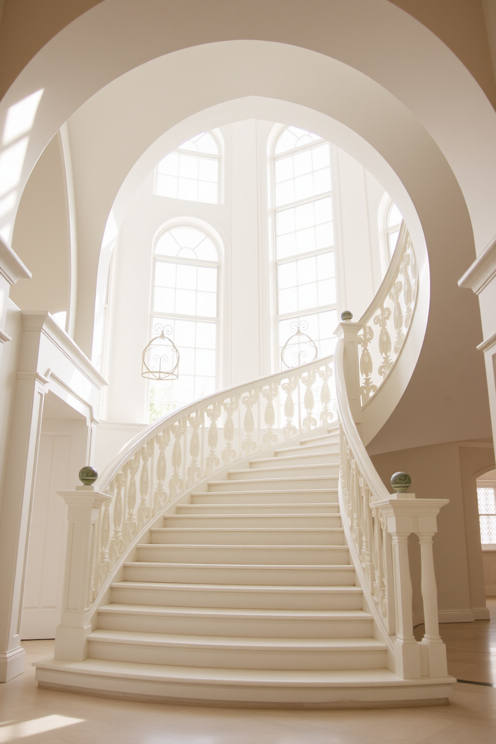 A stunning white staircase gracefully ascends with elegant archways framing the entrance. The banister features intricate detailing, complementing the soft natural light that floods the space through large windows.