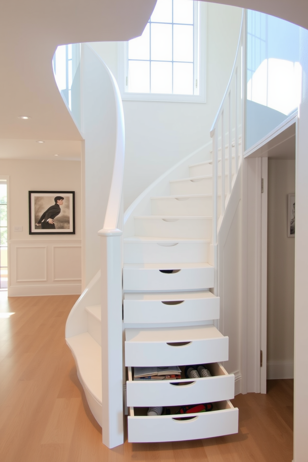 A stunning white spiral staircase with a sleek metal frame elegantly curves upward, creating a focal point in the room. The staircase features wide, smooth treads that invite easy navigation, while the surrounding walls are adorned with minimalist artwork to enhance its modern aesthetic. The design incorporates soft, ambient lighting that highlights the staircase's graceful lines, casting subtle shadows that add depth. A polished wooden floor beneath the staircase complements the white and metal elements, creating a harmonious balance in the space.