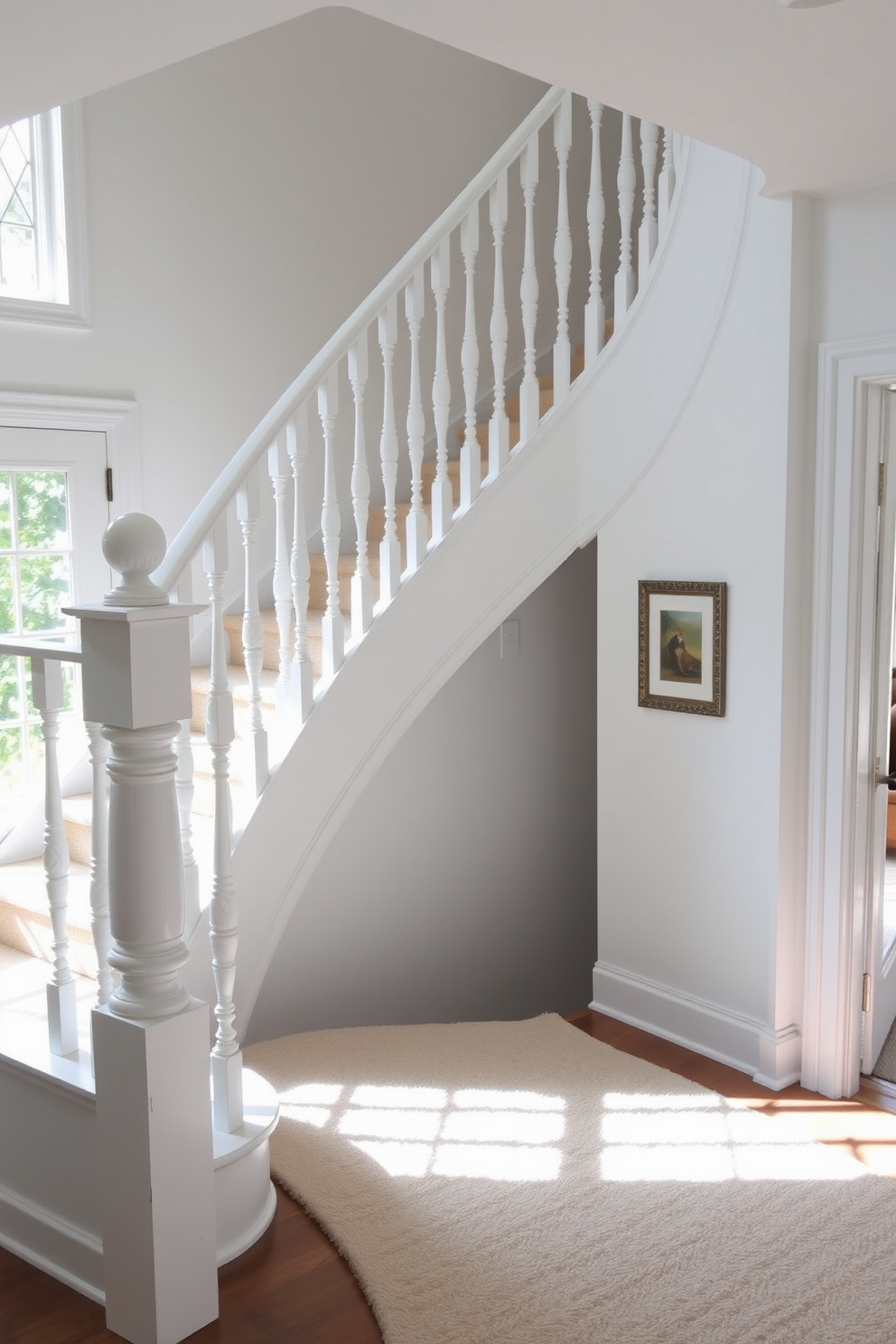 A classic white staircase with ornate balusters gracefully curves upward, creating an inviting focal point in the home. The balusters are intricately designed, adding a touch of elegance and sophistication to the overall aesthetic. The staircase is illuminated by natural light streaming through a nearby window, highlighting the pristine white finish. A plush runner in a soft hue complements the staircase, enhancing the warmth and charm of the space.