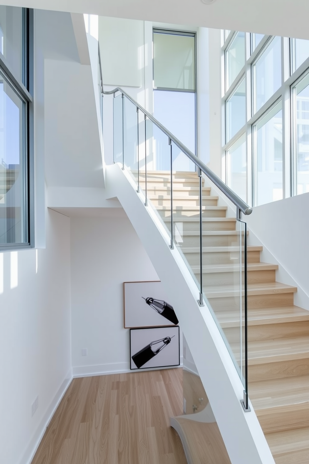 A modern white staircase with sleek glass panels that create an open and airy feel. The treads are made of polished white oak, while the handrails are minimalist stainless steel, adding a touch of elegance to the design. The staircase is illuminated by natural light streaming through large windows that flank either side. Below, a contemporary art piece is displayed on the wall, complementing the clean lines of the staircase.