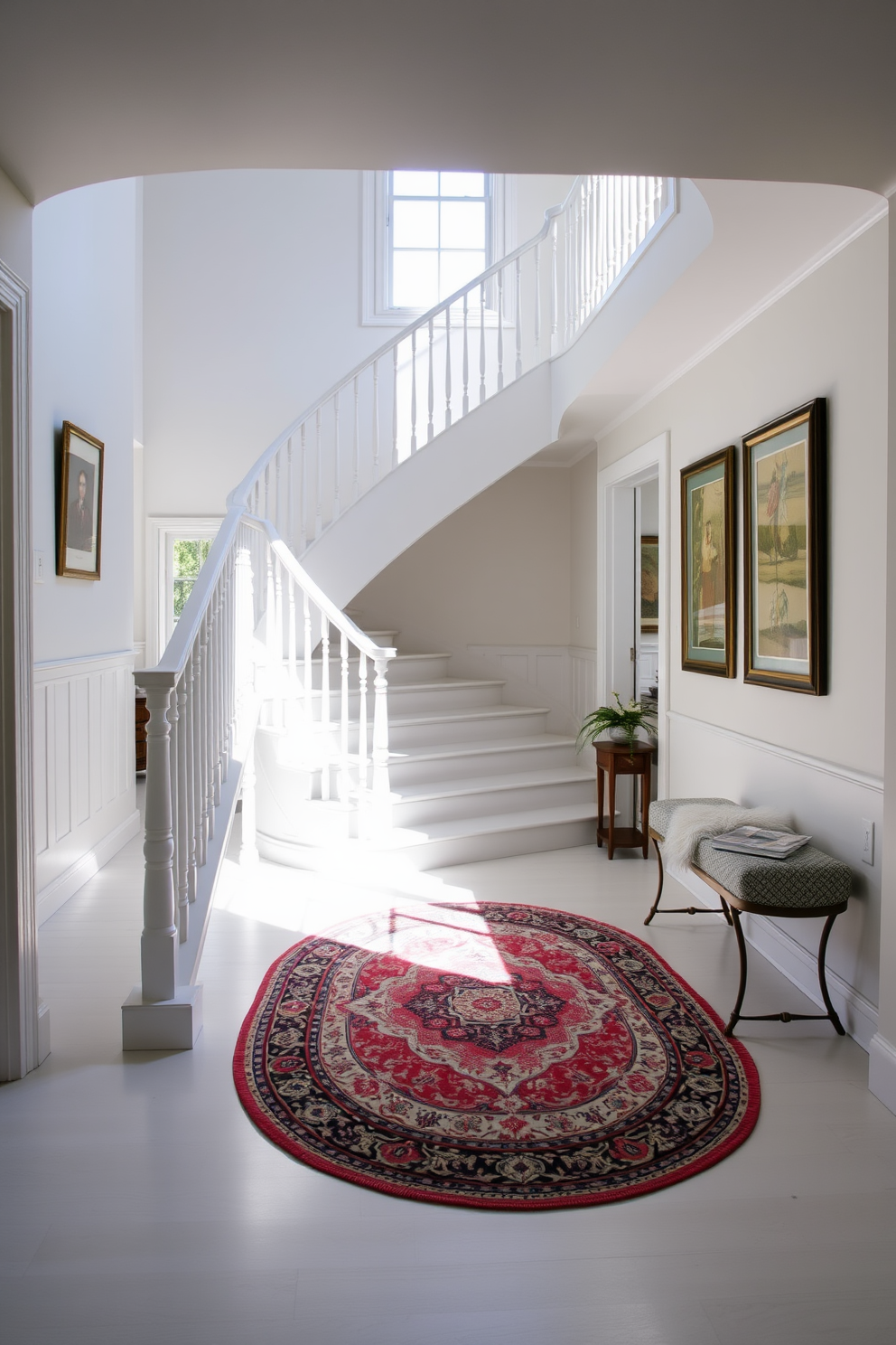 A stunning white staircase features geometric pattern risers that add a modern touch. The elegant handrail complements the clean lines, creating a visually striking focal point in the entryway. Natural light floods the space, highlighting the intricate patterns on each riser. The surrounding walls are painted in a soft neutral tone, enhancing the staircase's brightness and sophistication.