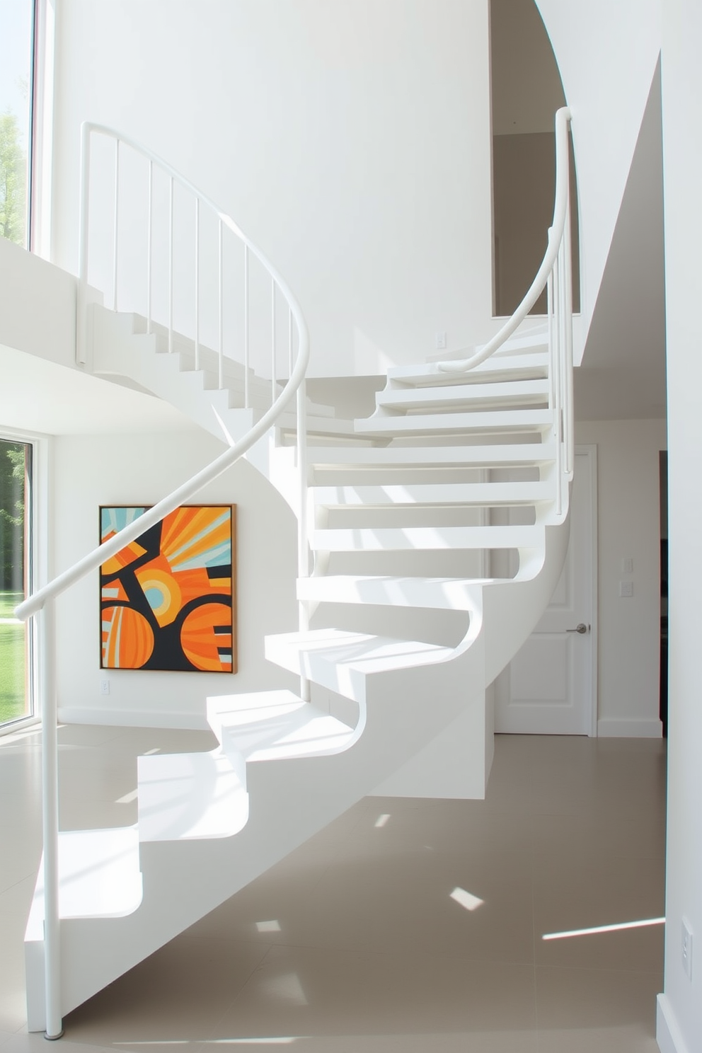 A rustic white staircase with reclaimed wood features a sturdy handrail crafted from weathered timber. The steps are painted in a crisp white, contrasting beautifully with the natural grain of the reclaimed wood, creating an inviting and warm atmosphere.