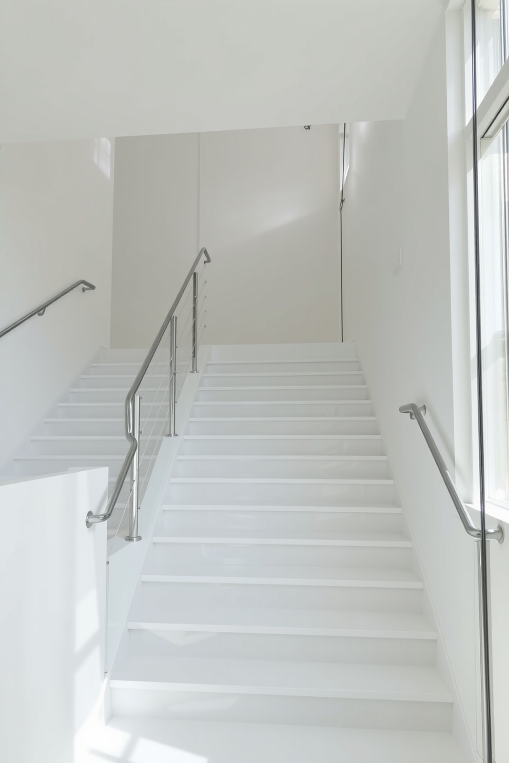 A contemporary white staircase features sleek metal accents that enhance its modern appeal. The steps are wide and spacious, creating an open and inviting atmosphere. The balustrade consists of thin metal rails that provide a minimalist look while ensuring safety. Natural light floods the area, highlighting the clean lines and elegant design of the staircase.