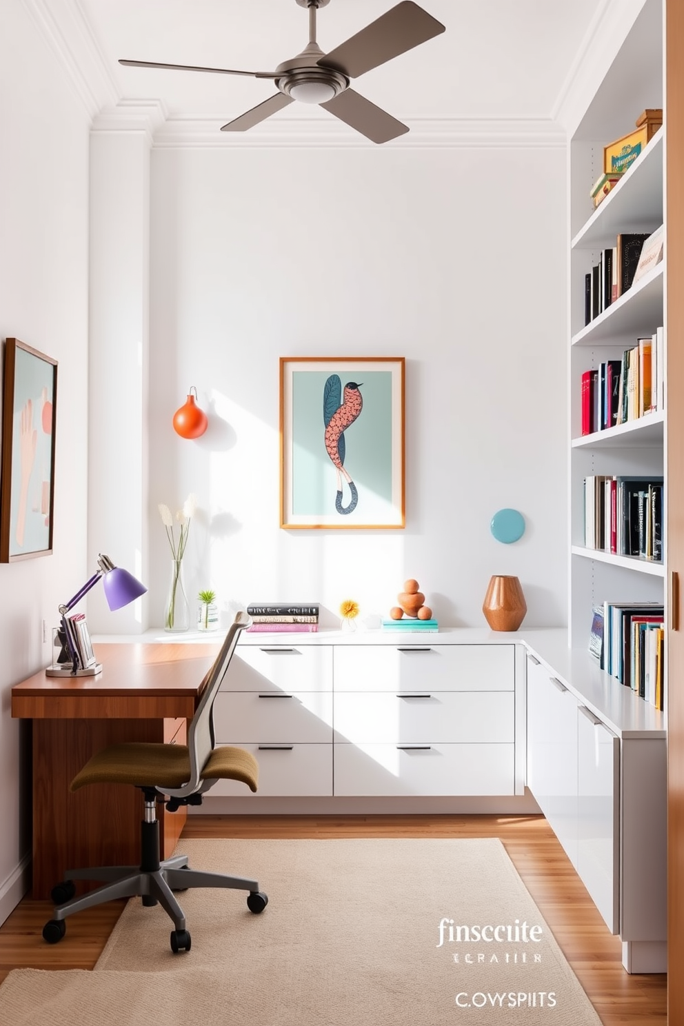 Bright white walls create a clean and airy atmosphere in the study room. Colorful accents in the form of artwork and decorative items add personality and vibrancy to the space. A sleek wooden desk is positioned against the wall, complemented by a comfortable ergonomic chair. Shelves filled with books and decorative objects line the walls, enhancing the room's functionality and style.