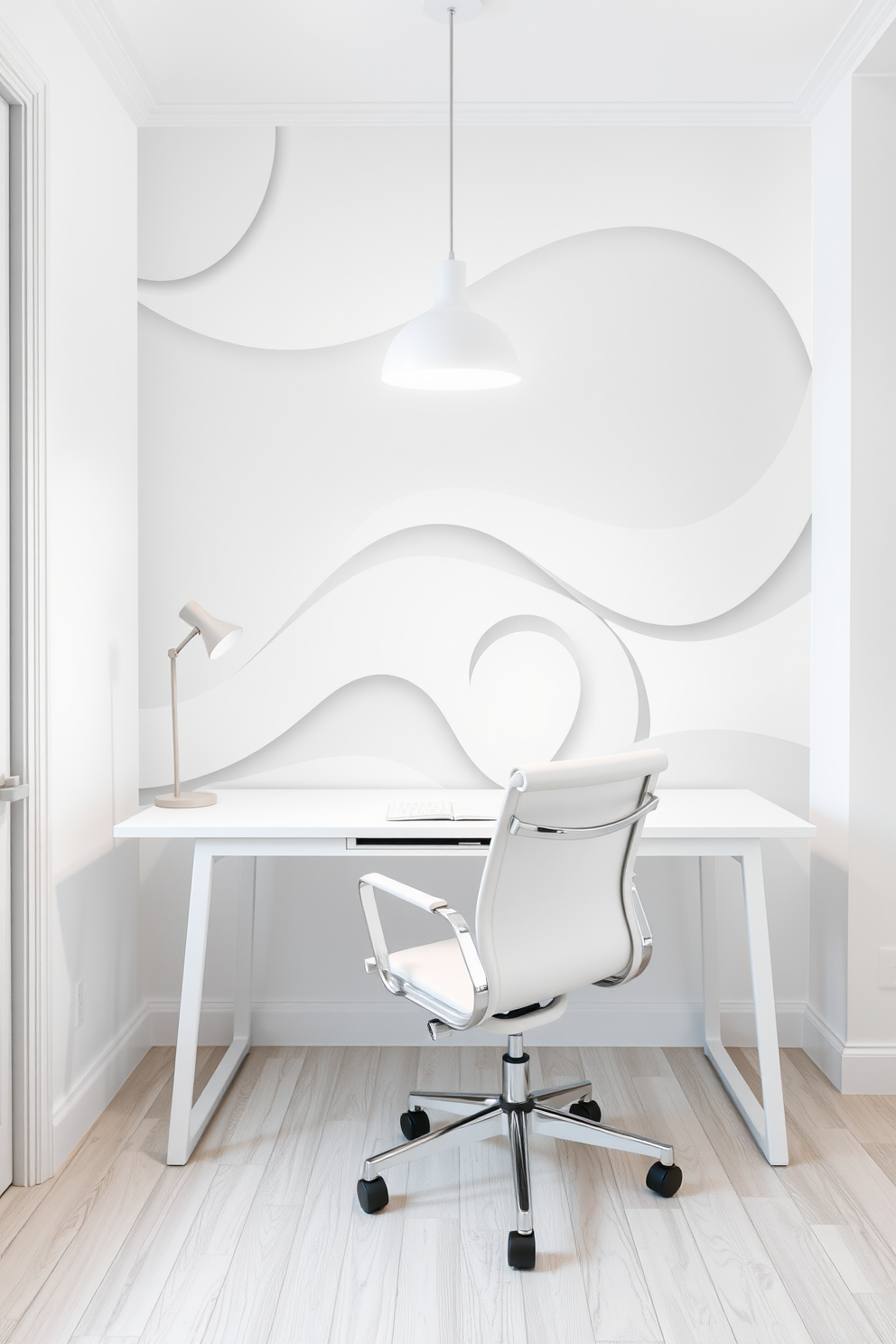 A sleek floating desk is mounted against a white wall, maximizing floor space while providing a clean and modern look. The desk features a minimalist design with built-in shelves above for books and decorative items. The study room is bright and airy, with large windows allowing natural light to flood in. White walls and furniture create a serene atmosphere, complemented by a soft rug underfoot and a comfortable chair for long study sessions.