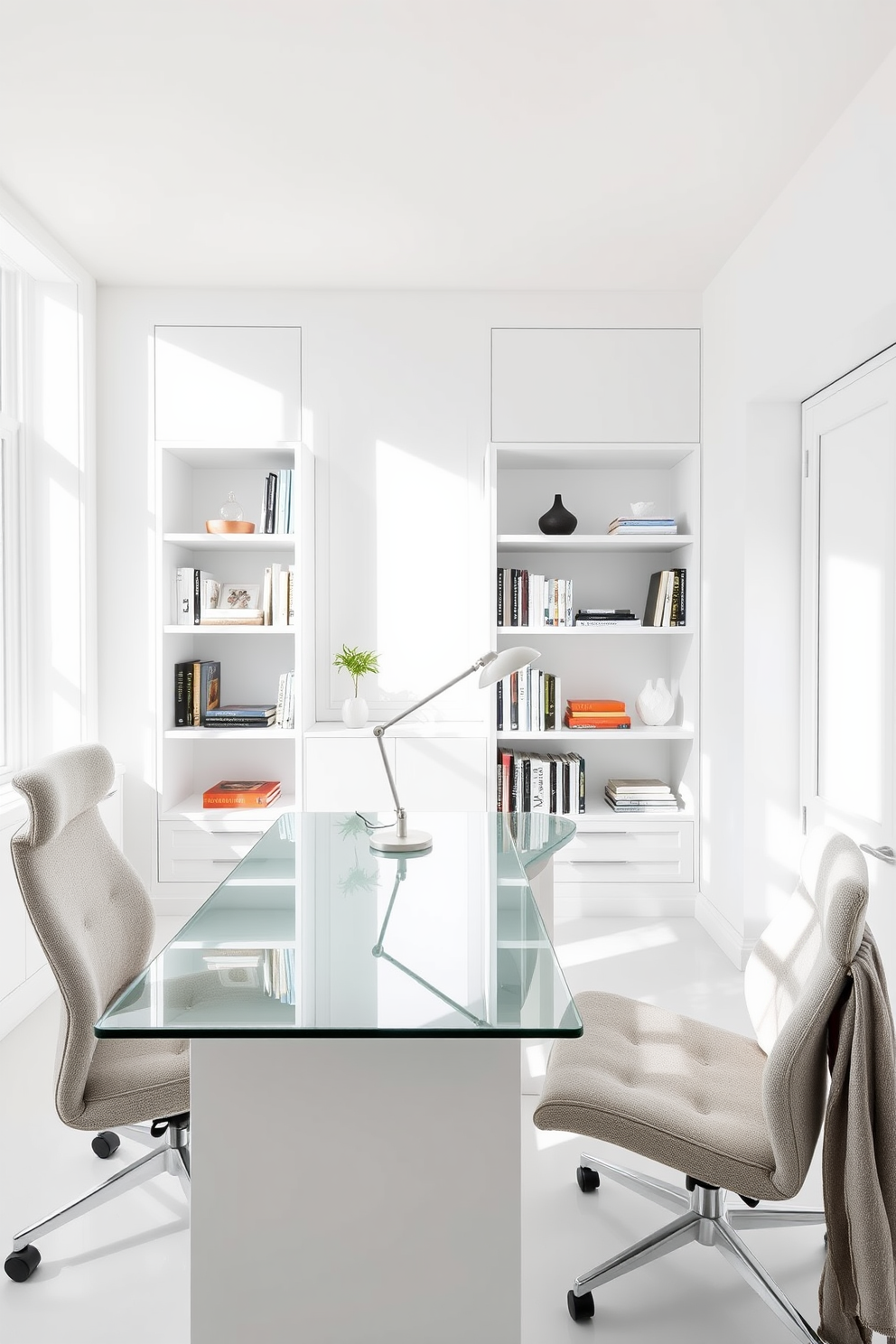 A sleek glass desk sits in the center of a bright white study room, reflecting natural light that floods through large windows. The walls are painted in a crisp white, creating a clean and airy atmosphere, while minimalist shelving units display a curated selection of books and decorative items. A comfortable ergonomic chair complements the desk, upholstered in a soft fabric that adds a touch of warmth to the space. A stylish desk lamp with a metallic finish provides focused lighting, enhancing the modern aesthetic of the room.