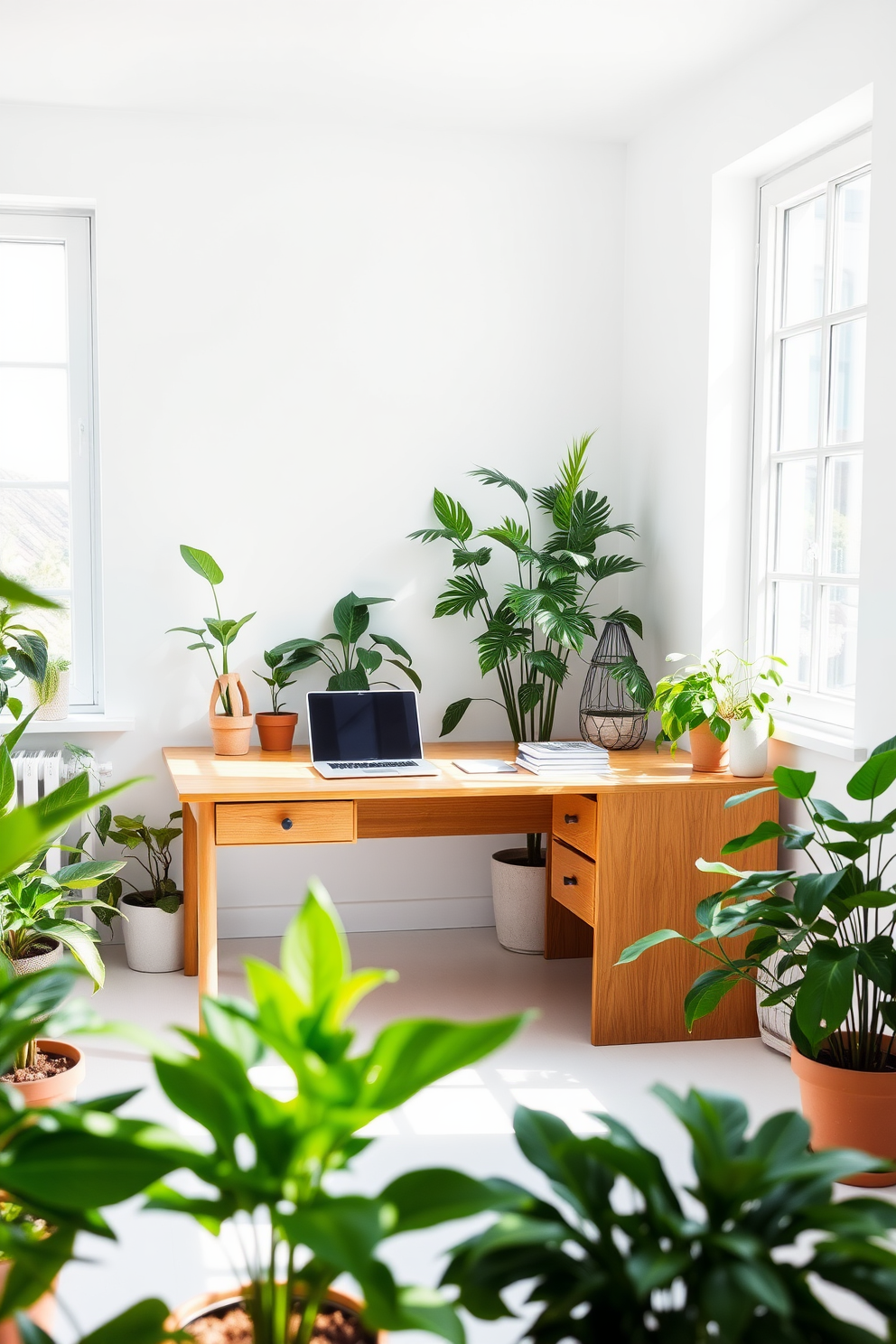 A bright and airy study room filled with natural light. The walls are painted in a soft white, complemented by a large wooden desk positioned near a window. On the desk, there is a sleek laptop and a few neatly stacked books. Surrounding the room are potted plants of various sizes, adding vibrant greenery and a refreshing atmosphere.