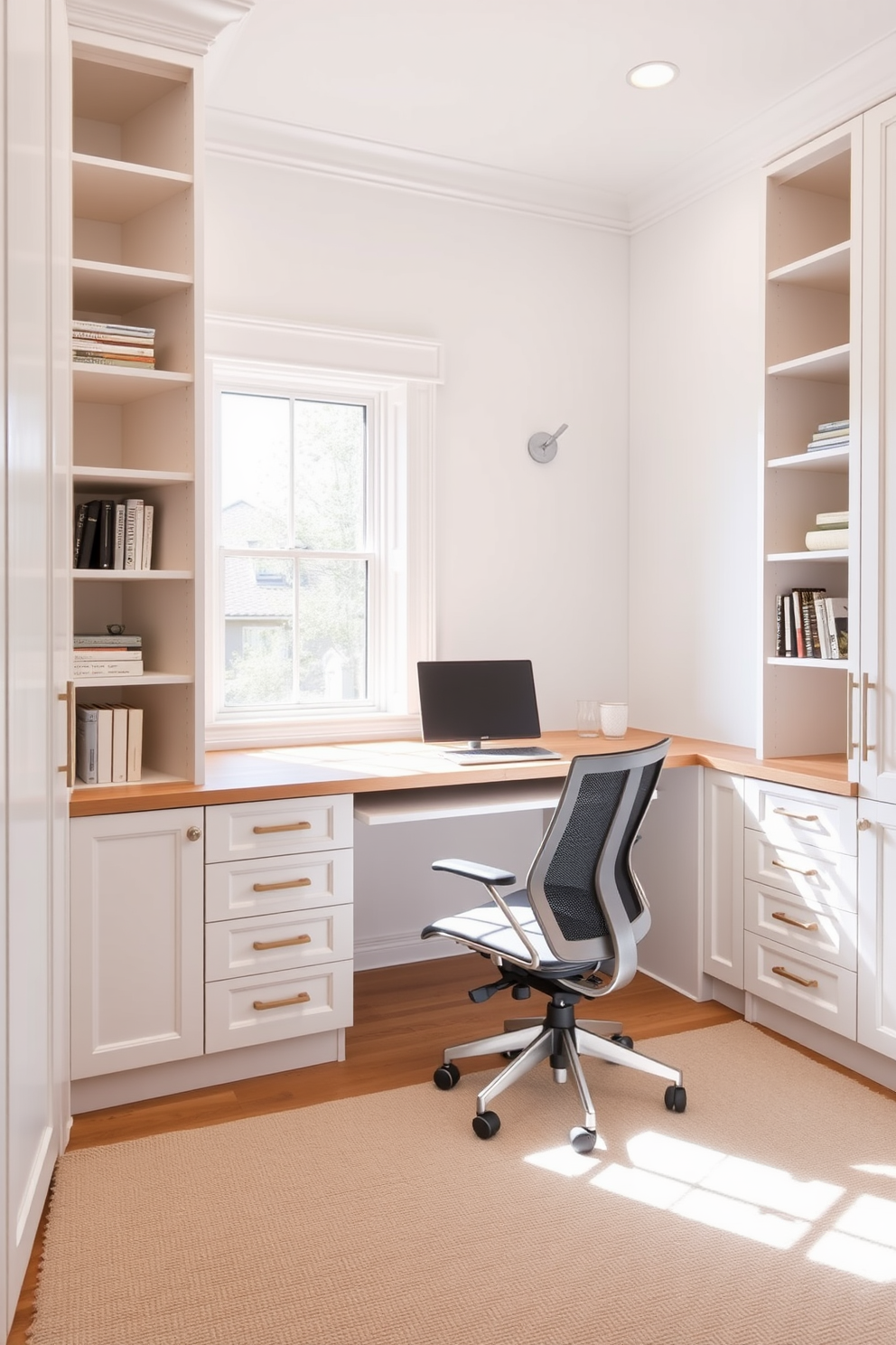 A white study room featuring sleek cabinetry that provides ample storage space. The room is adorned with a large wooden desk facing a window, complemented by a comfortable ergonomic chair.