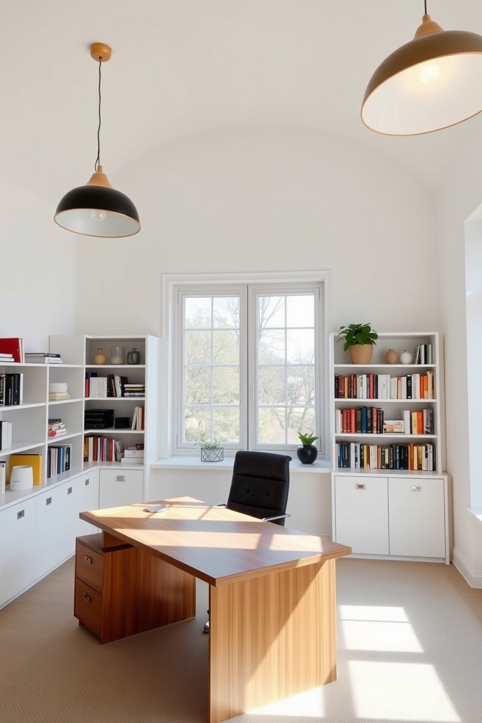 A bright and airy study room features layered lighting that combines both task and ambient sources. The walls are painted in a soft white hue, and a large window allows natural light to flood the space, complemented by stylish pendant lights and desk lamps. A sleek wooden desk sits in the center, adorned with a minimalistic desk lamp providing focused light for work. Surrounding the desk are shelves filled with books and decorative items, while a comfortable chair invites long hours of reading and studying.