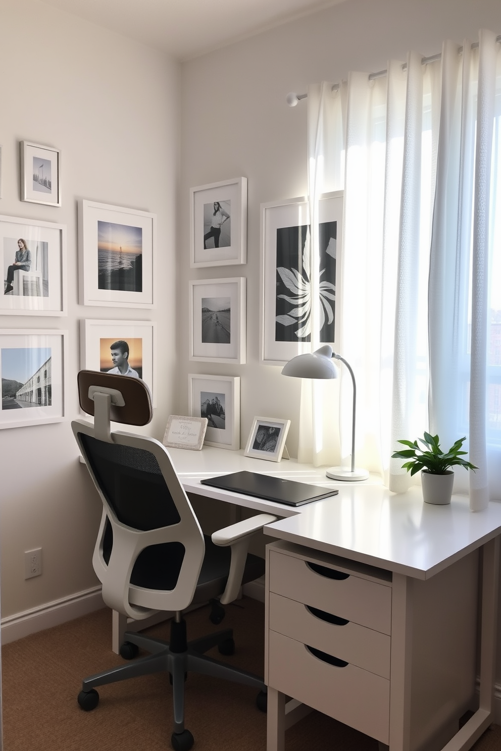 A serene study room with decorative white frames showcasing various pieces of wall art. The space features a sleek white desk paired with a comfortable ergonomic chair, and soft natural light filters through sheer curtains.