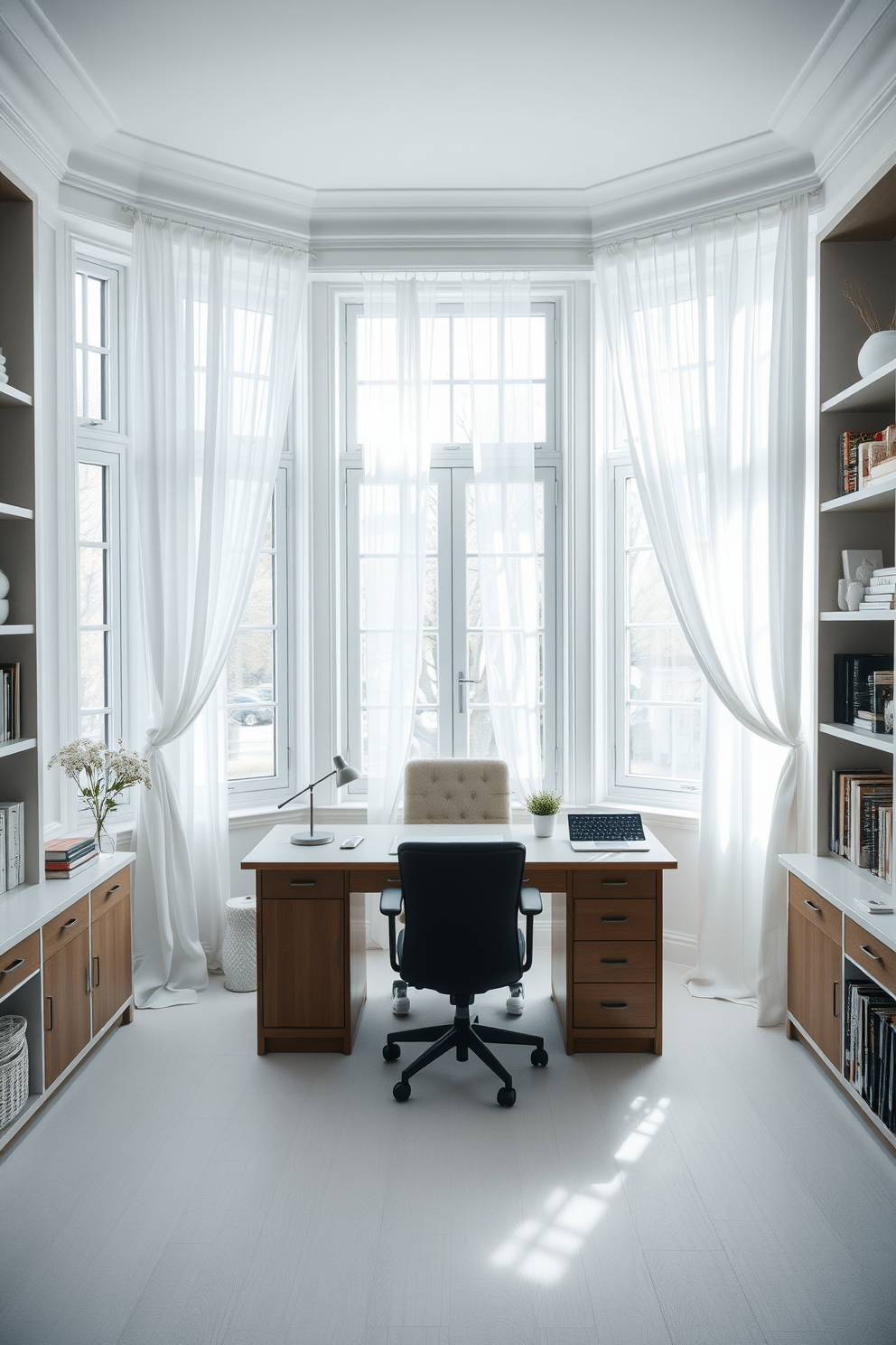 A serene white study room filled with natural light. Soft white curtains drape elegantly from the windows, enhancing the tranquil atmosphere. A spacious wooden desk sits in the center, complemented by a comfortable ergonomic chair. Shelves lined with books and decorative items add personality to the space.