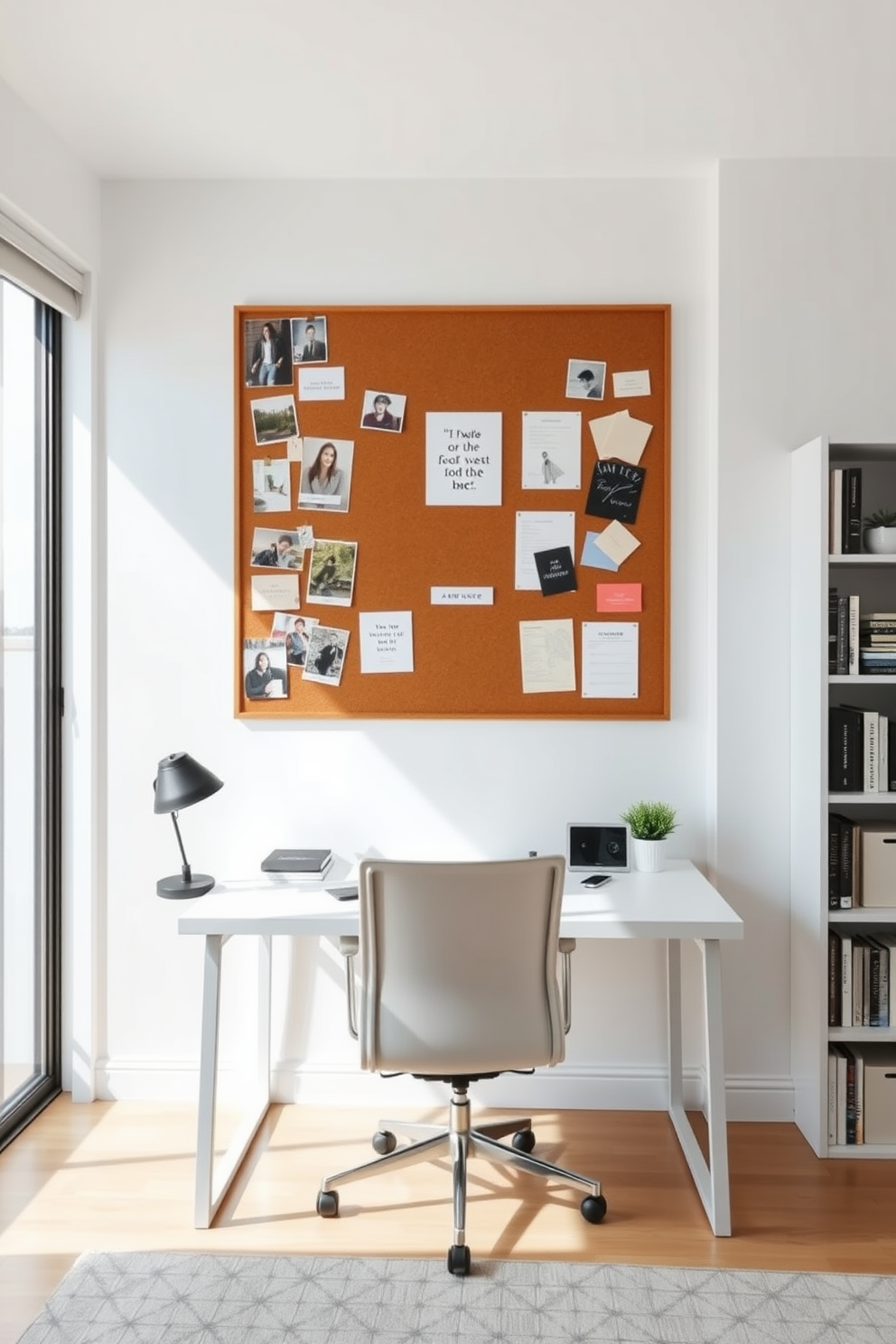 A personalized corkboard is mounted on the wall, filled with photos, quotes, and fabric swatches that inspire creativity. The surrounding walls are painted a crisp white, complementing the sleek minimalist desk and ergonomic chair positioned below the board. The study room features a large window that floods the space with natural light, enhancing the airy atmosphere. A stylish bookshelf filled with neatly organized books and decorative items adds a touch of sophistication to the overall design.