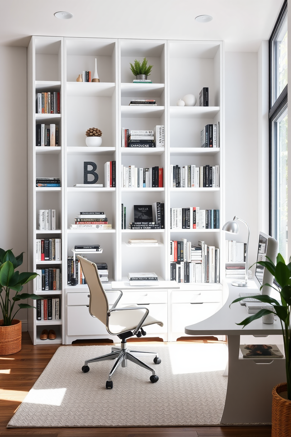 A stylish white bookshelf for organization. The bookshelf is tall and sleek, featuring multiple shelves filled with an array of books and decorative items. White study room design ideas. The room is bright and airy, with a large window allowing natural light to flood in, complemented by a modern white desk and ergonomic chair.