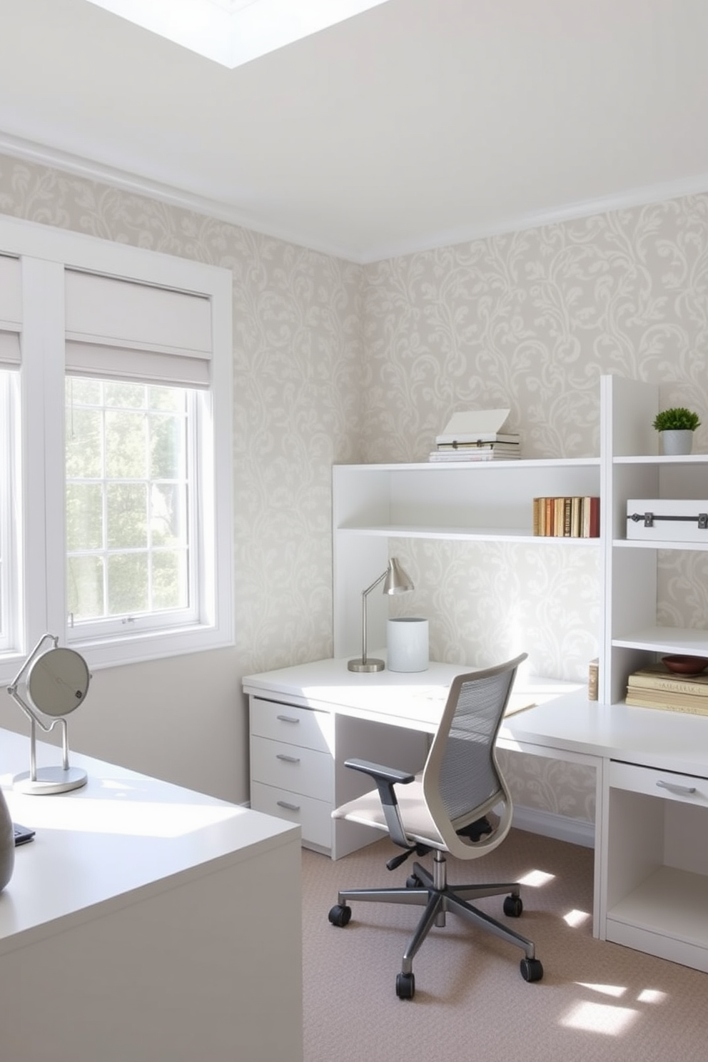 A bright and airy study room features an accent wall adorned with elegant white wallpaper that adds a touch of sophistication. The room is furnished with a sleek white desk, a comfortable ergonomic chair, and ample shelving to create an inspiring workspace.