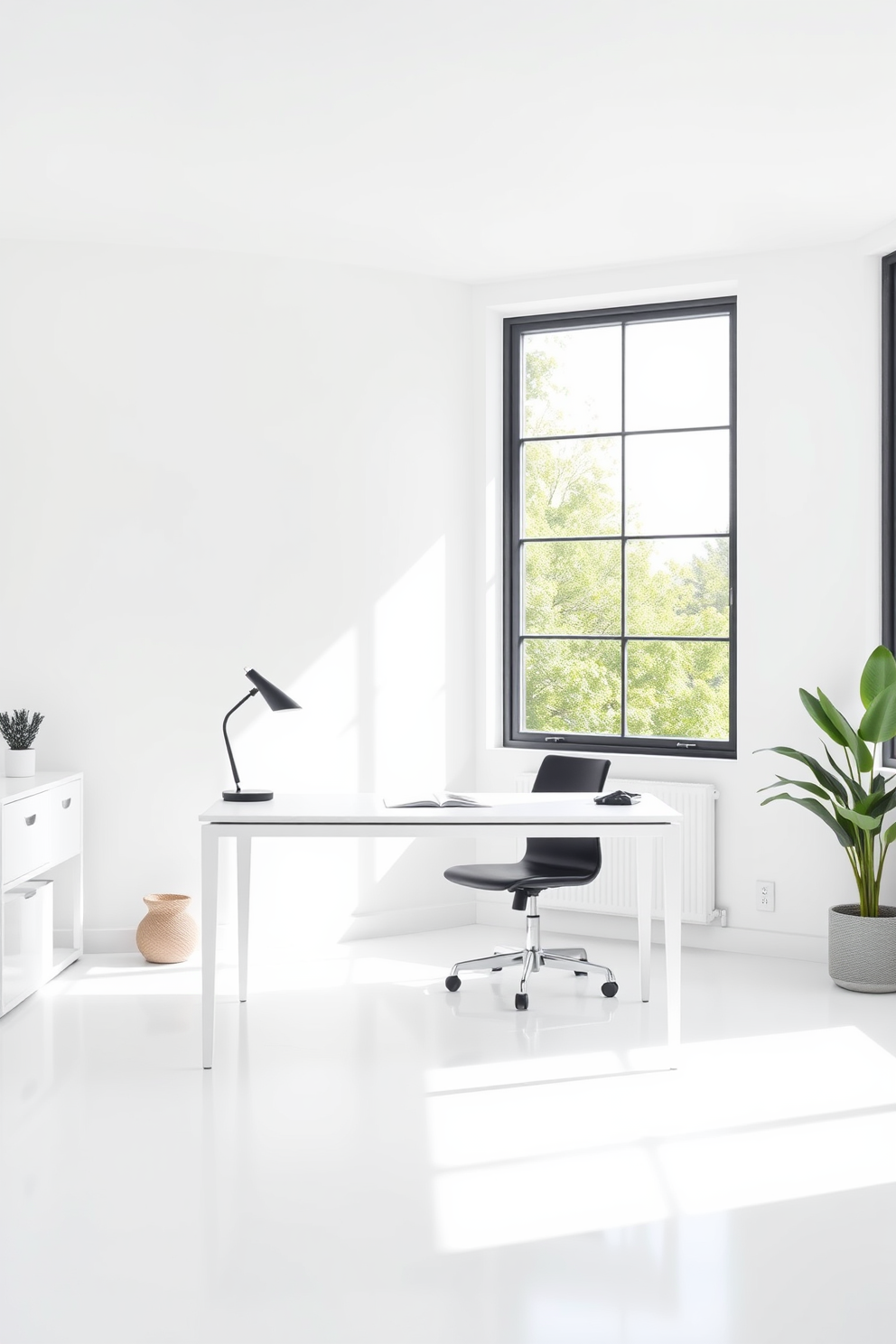 Cozy reading nook with white armchair. A plush white armchair is positioned in the corner, accompanied by a small wooden side table holding a steaming cup of tea. The walls are lined with built-in bookshelves filled with an array of colorful books. A soft area rug lies beneath the chair, and a warm floor lamp casts a gentle glow over the space. White study room design ideas. The room features a sleek white desk paired with a comfortable ergonomic chair, creating an inviting workspace. Natural light floods in through large windows, illuminating the minimalist decor and inspiring creativity. A few potted plants add a touch of greenery, enhancing the fresh and open atmosphere.