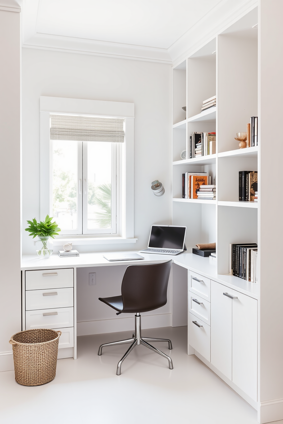 A compact corner desk is seamlessly integrated into a bright white study room. The desk features sleek lines and minimalistic design, while a comfortable chair complements the modern aesthetic. The walls are adorned with open shelving, showcasing neatly arranged books and decorative items. Natural light floods the space through a large window, enhancing the airy and inviting atmosphere.